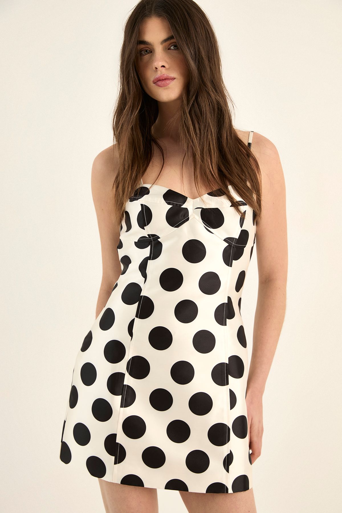 NastyGal Polka Dot Structured Satin Strappy Mini Dress Mono