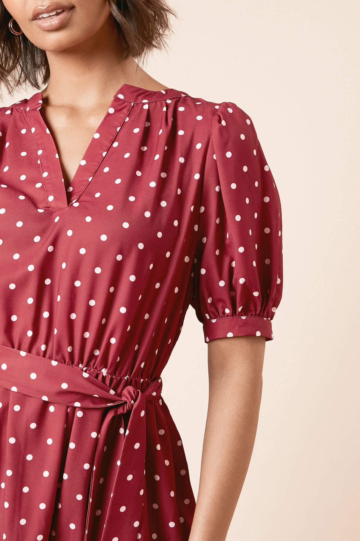 Dorothy Perkins Burgundy Spot Printed Overhead Belted Puff Sleeve Mini Dress Floral image 5