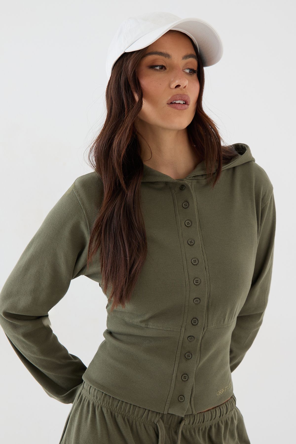 DSGN Studio DSGN Studio Button Through Cinched Hooded Rib Top Olive image 3