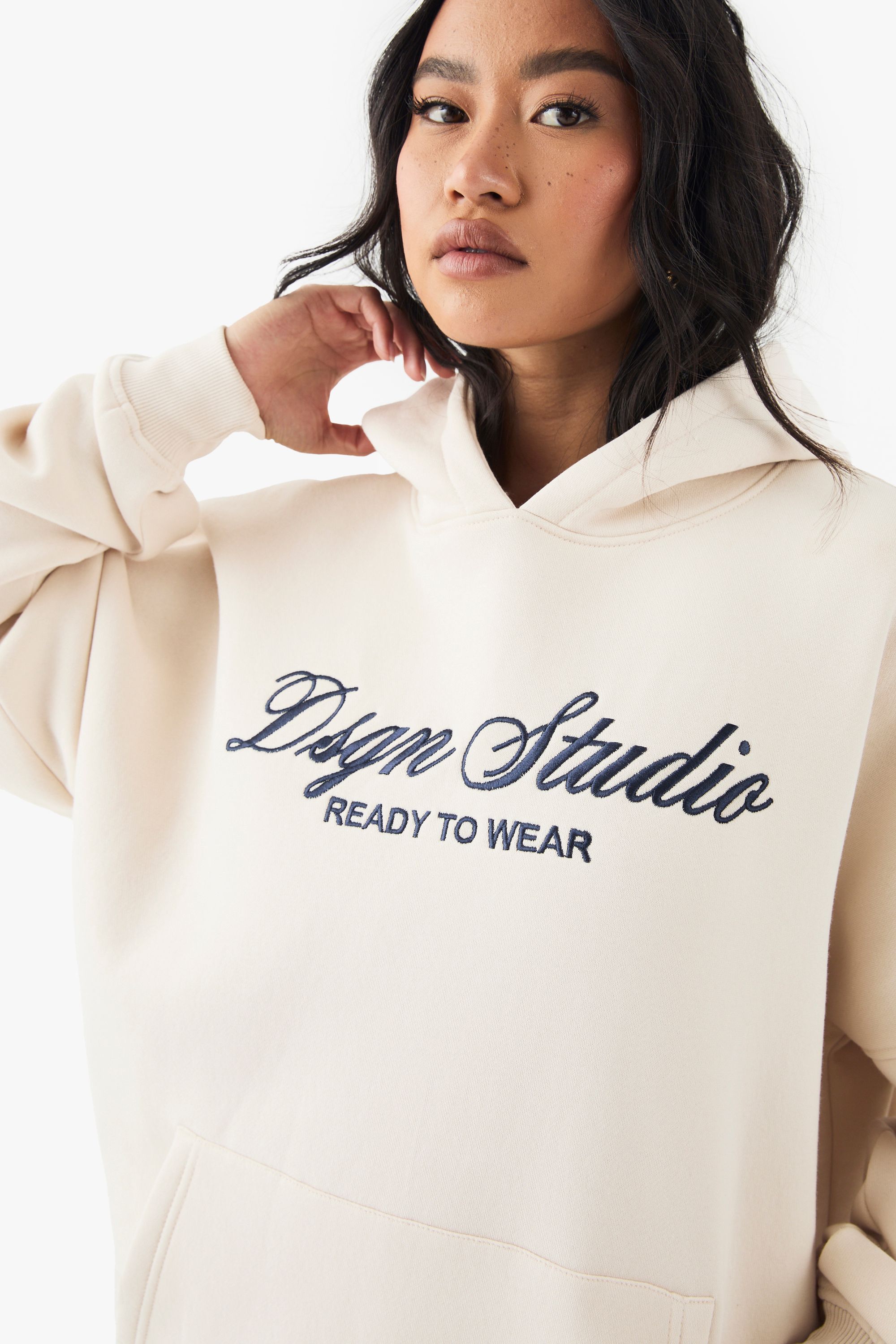 DSGN Studio DSGN Studio Embroidered Script Oversized Hoodie Cream image 1