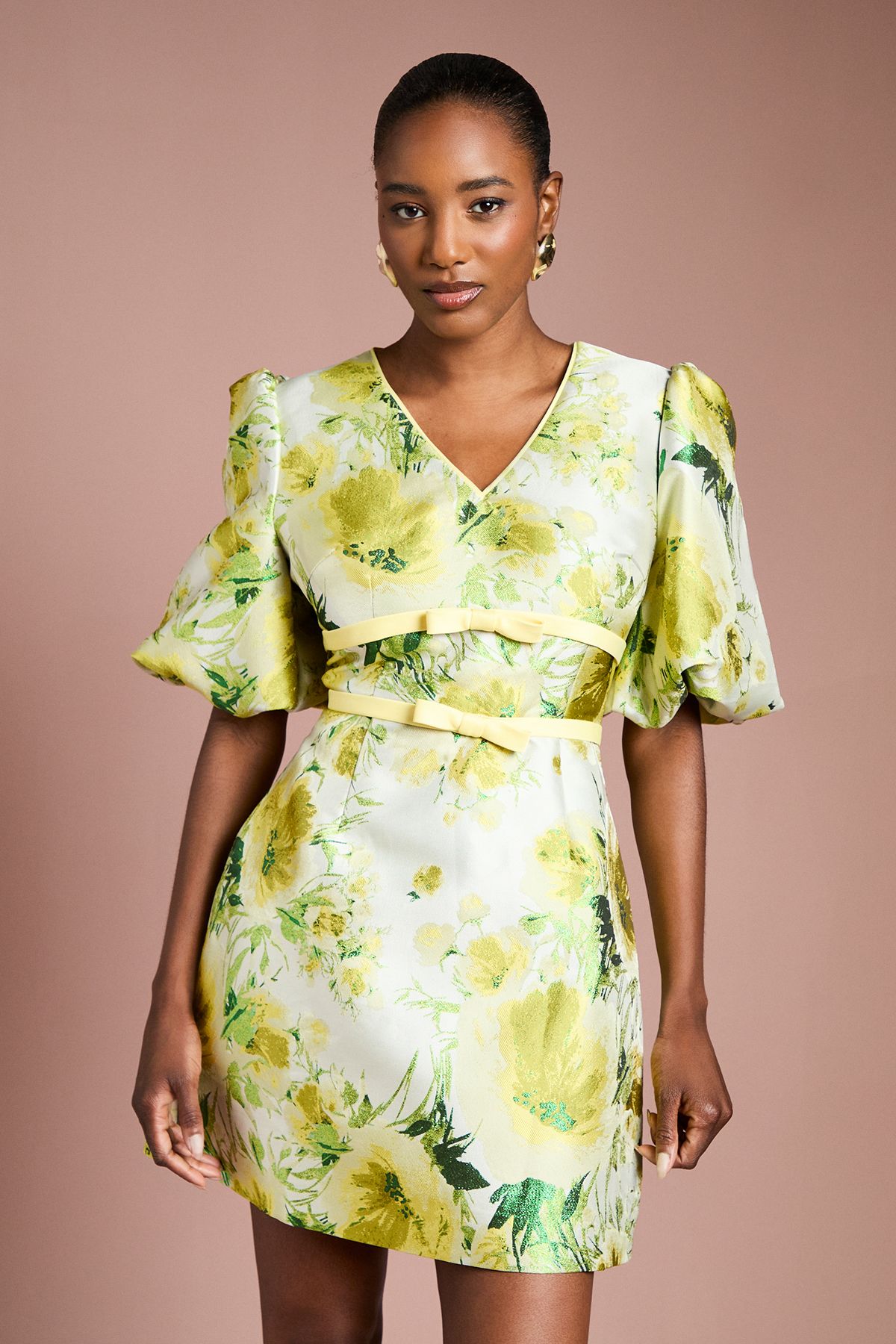 Coast Floral Jacquard Puff Sleeve Mini Dress Yellow image 2