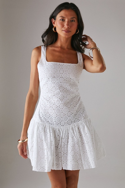 Warehouse Broderie Puff Ball Mini Dress White