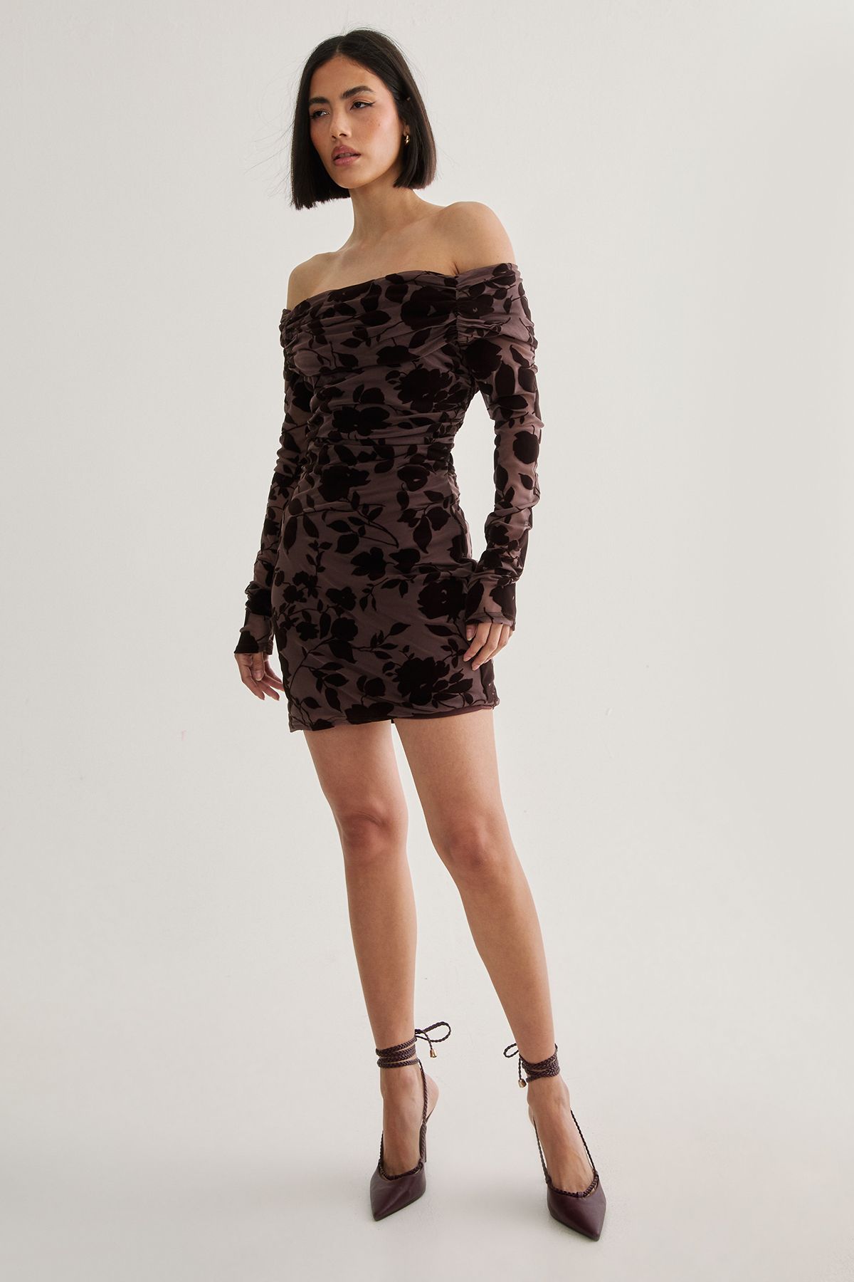 NastyGal Floral Devore Ruched Mini Dress Chocolate image 2