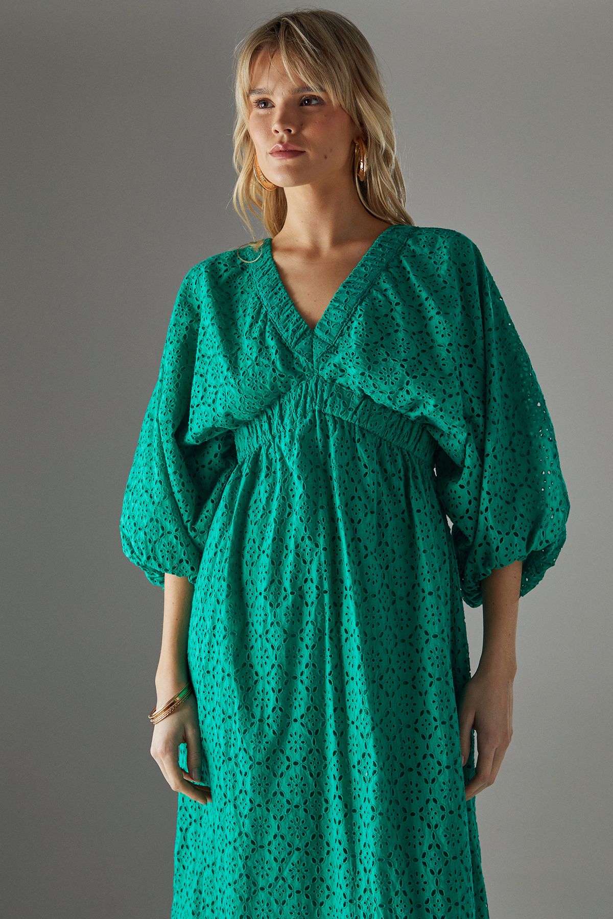 Warehouse Broderie Plunge Neck Volume Sleeve Smock Midi Dress Bright Green image 2