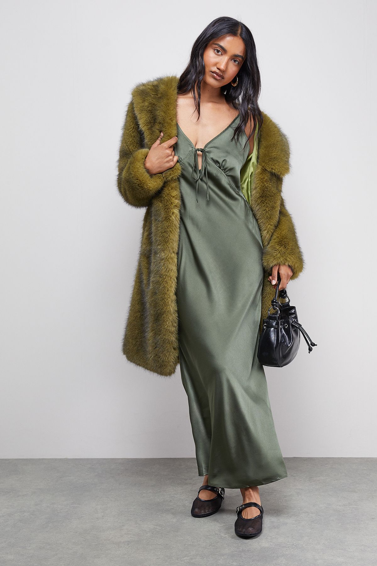 Warehouse Satin Strappy Tie Front Maxi Slip Dress Dark Olive image 4