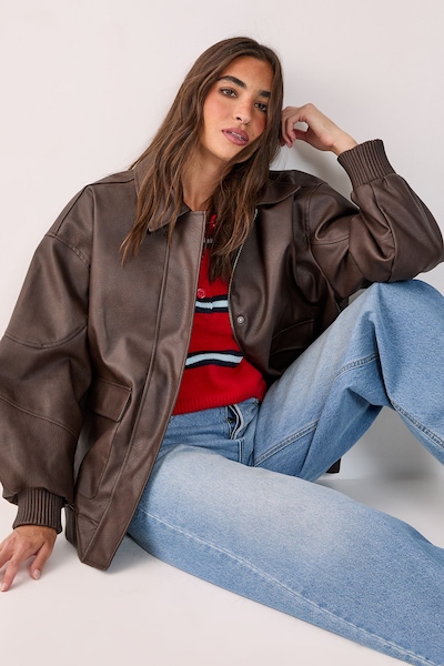 NastyGal Oversized Longline Faux Leather Bomber Jacket Chocolate