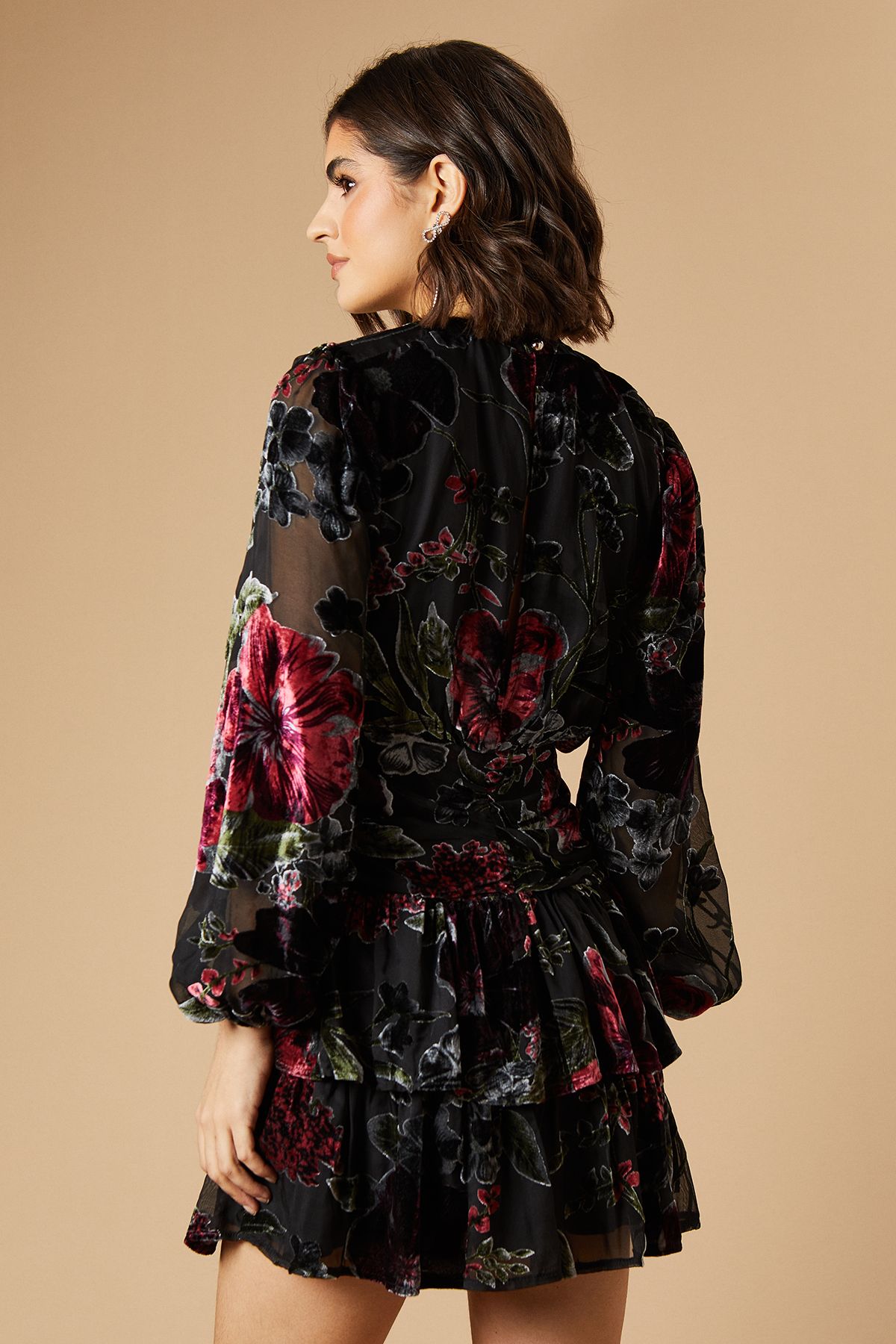 Oasis Velvet Tiered Blouson Sleeve Mini Dress True Black image 3