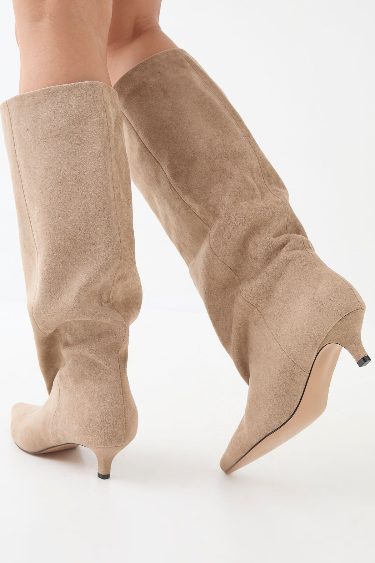 MissPap Low Stiletto Faux Suede Slouch Knee High Boots Taupe image 3