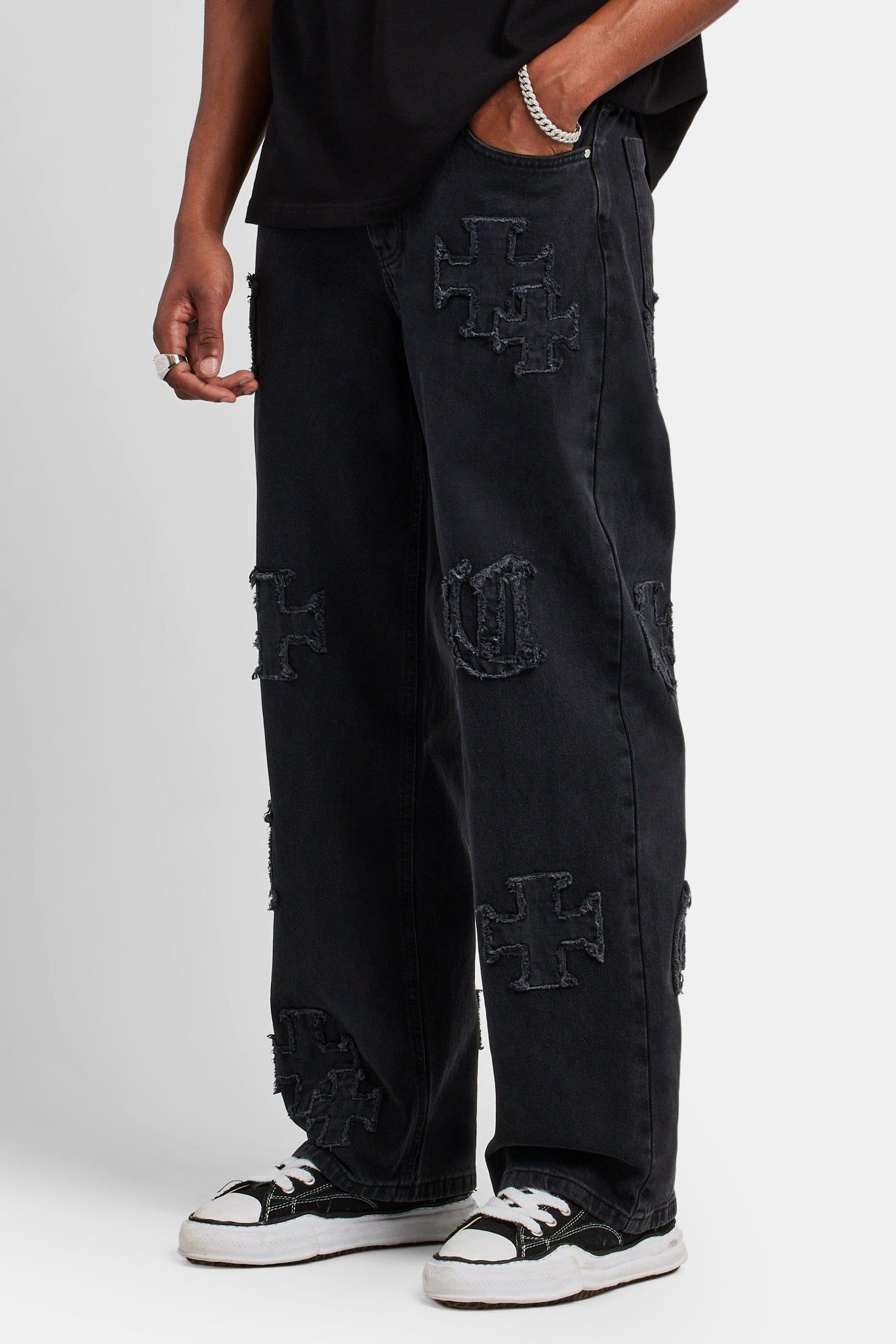 Cernucci Baggy Raw Edge Applique Jeans - Washed Black image 1