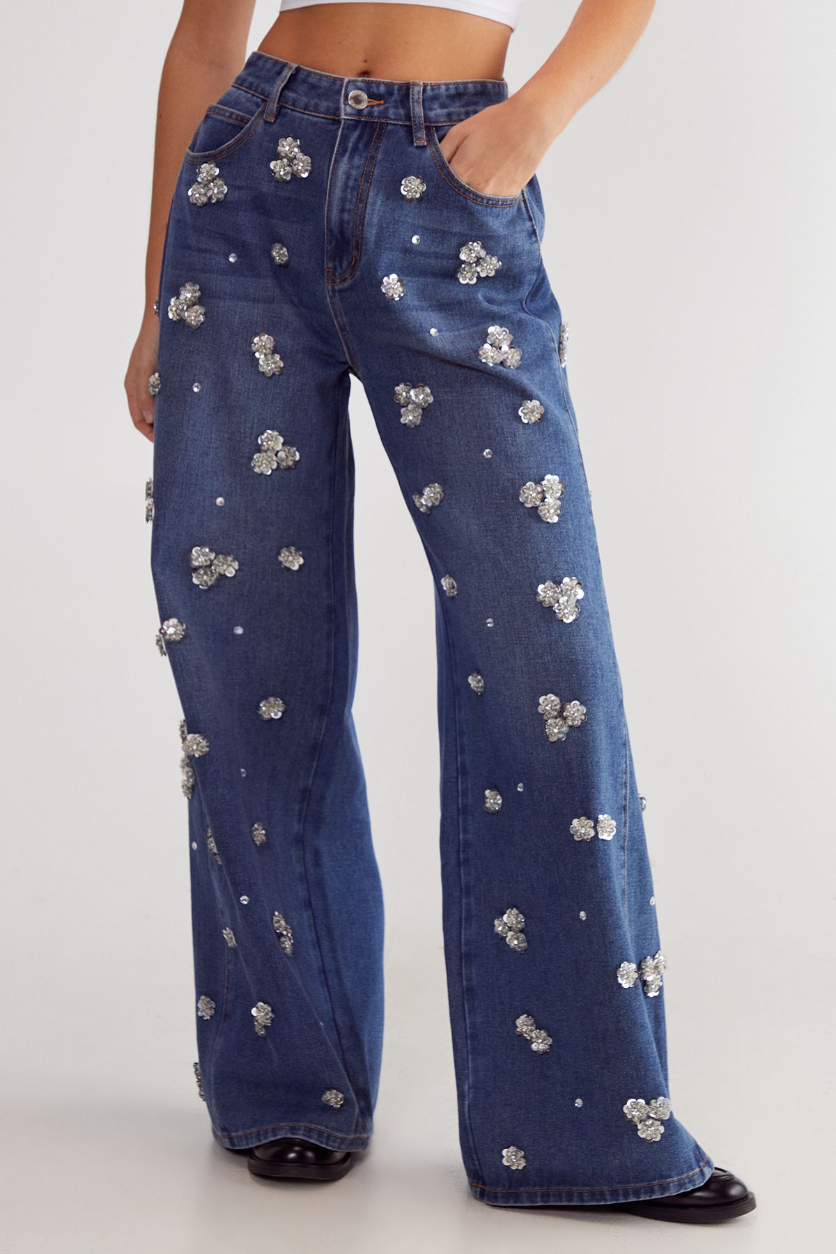 NastyGal Limited Embellished Flower Applique Jean Authentic Denim image 2