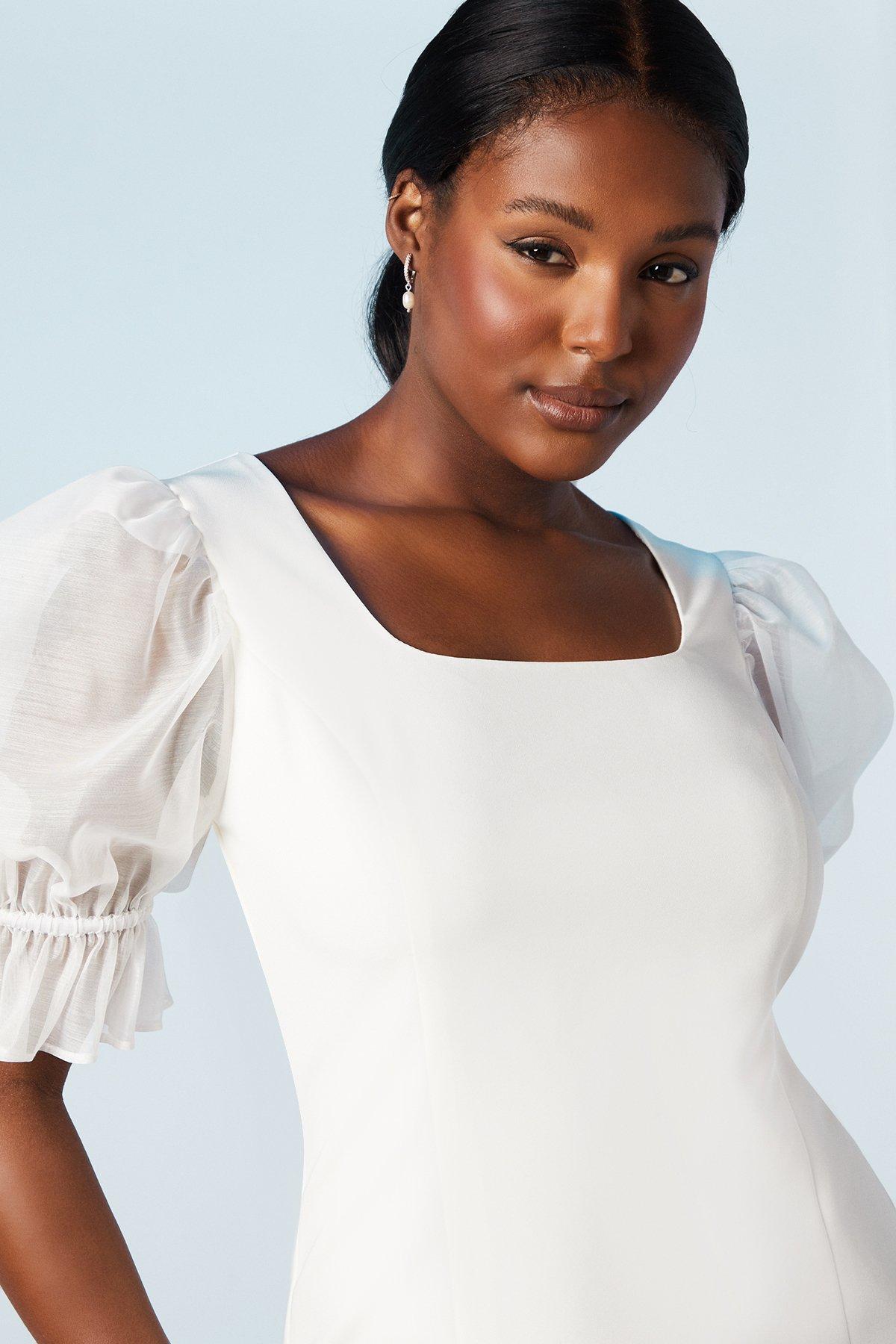 Oasis Stretch Crepe With Organza Puff Sleeve Bridal Mini Dress Ivory image 4