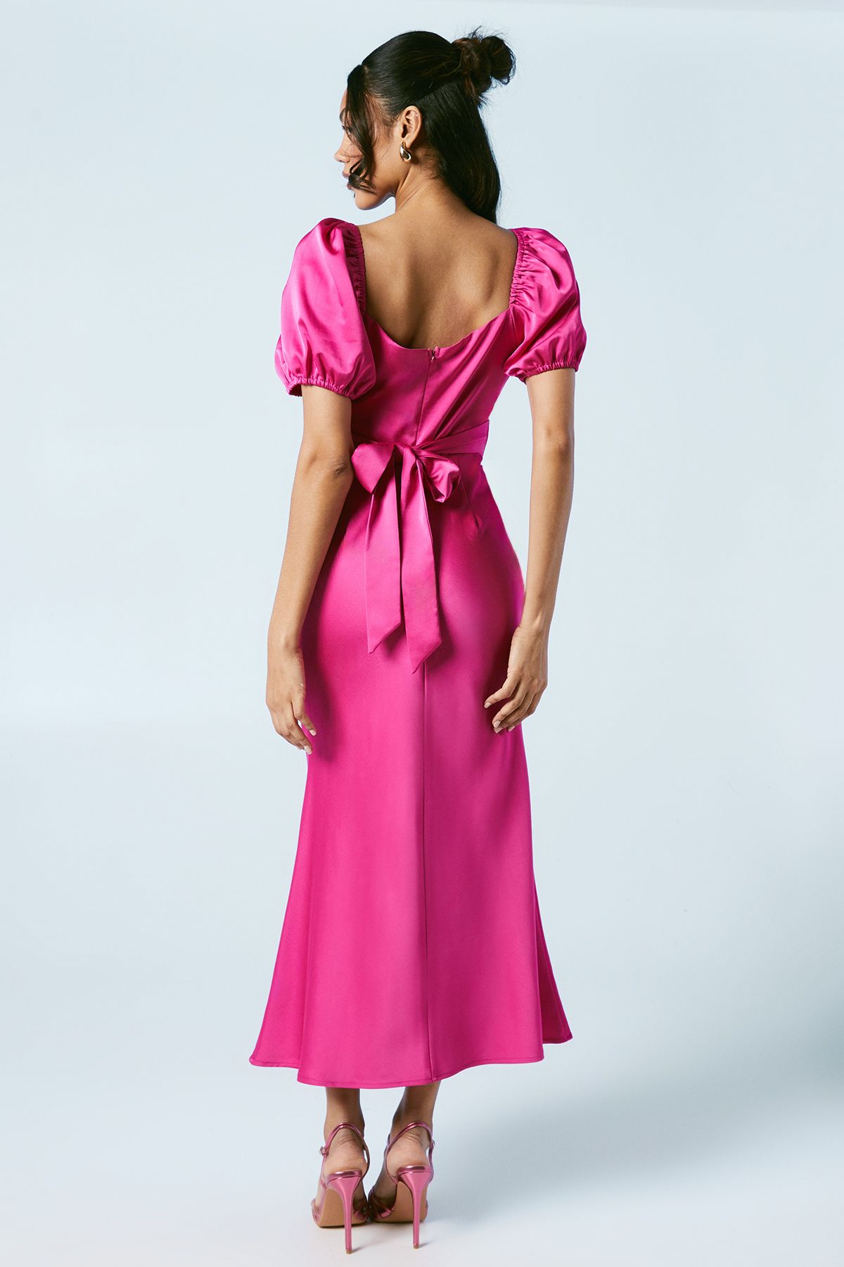Oasis Puff Sleeve Satin Wrap Top Bridesmaid Dress Bright Pink image 3