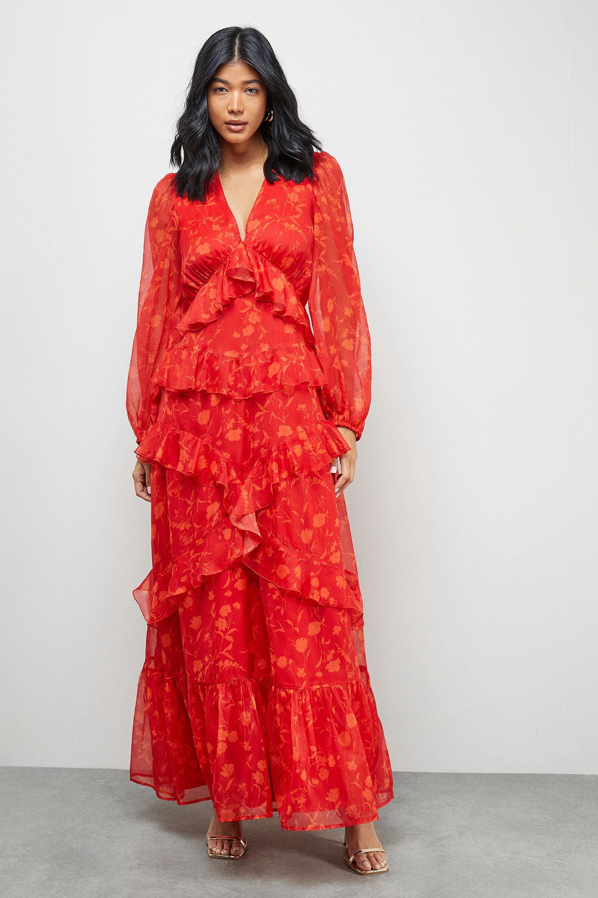 Warehouse Print Chiffon Plunge Neck Ruffle Detail Volume Sleeve Maxi Dress Floral image 1