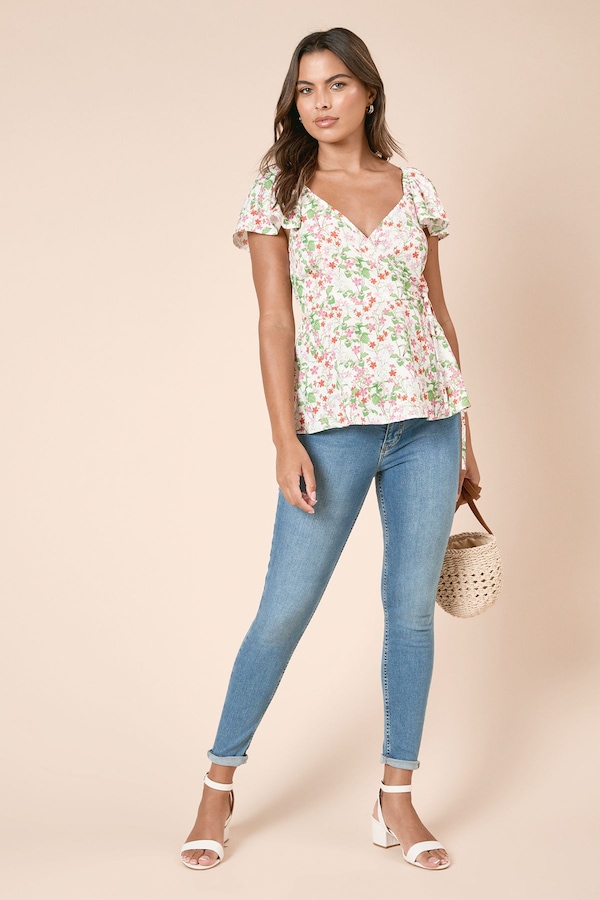 Dorothy Perkins Floral Wrap Front Frill Sleeve Blouse Floral