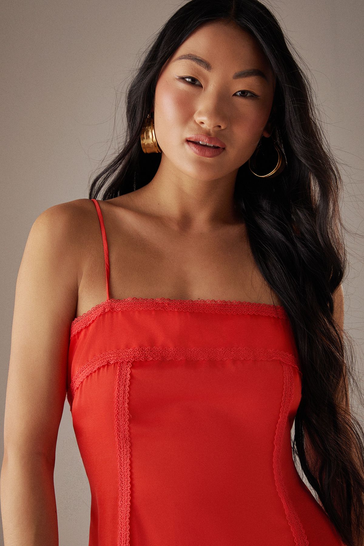 Warehouse Petite Satin Lace Trim Detail Godet Strappy Midi Dress Orange image 4