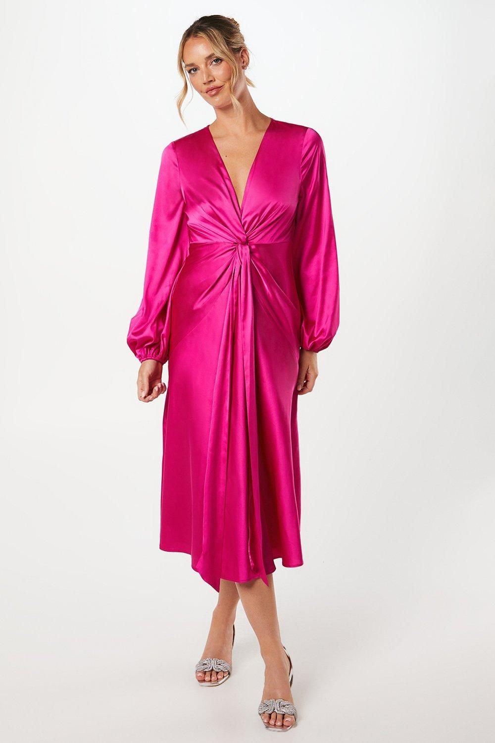 Coast Satin Twist Front Midi Dress Hot Pink image 1