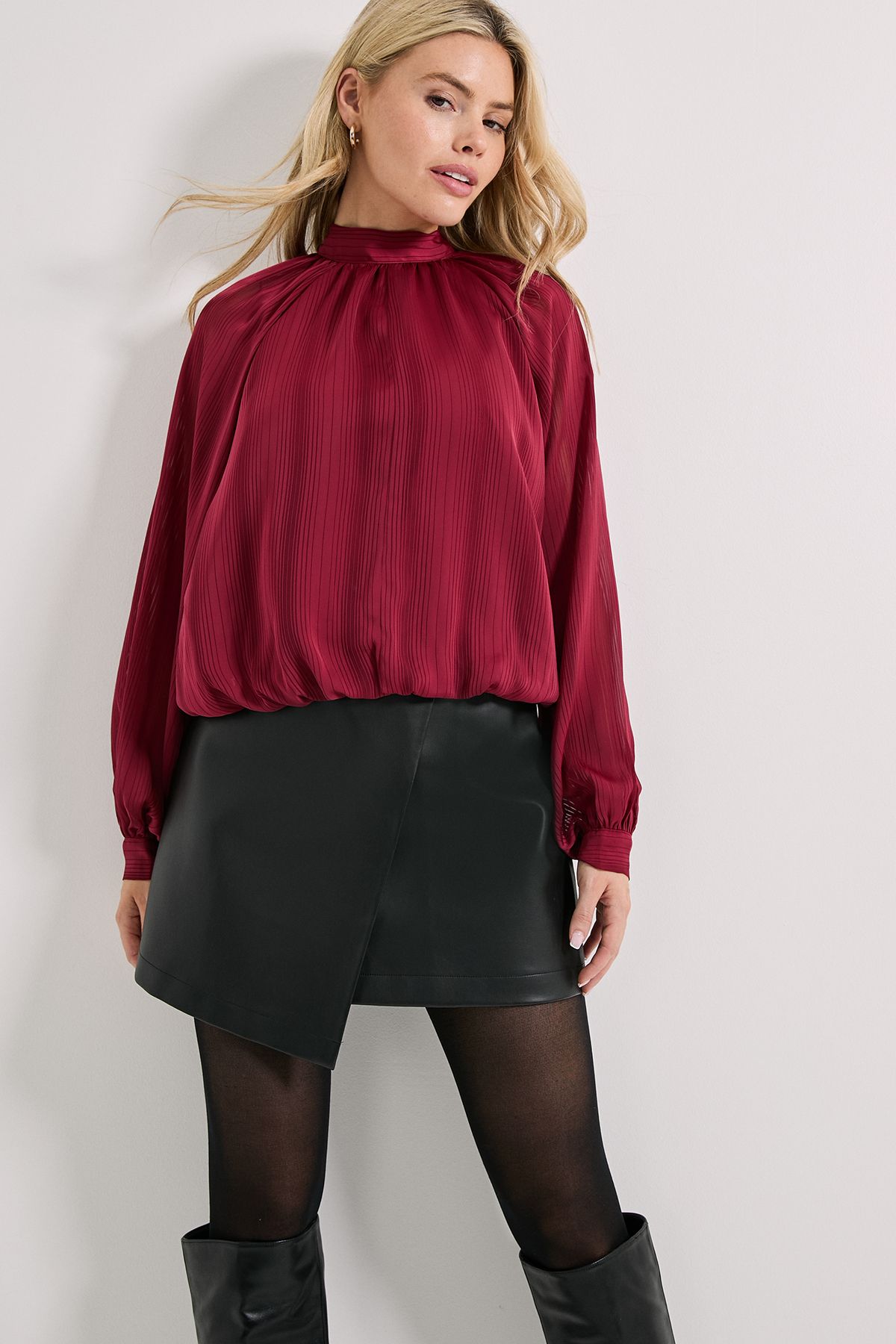 Dorothy Perkins Tie Neck Blouson Sleeve Satin Burnout Blouse Red image 2