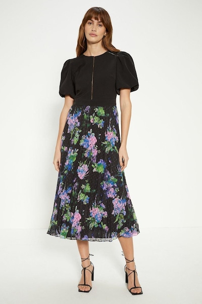 Oasis Puff Sleeve Floral 2 In 1 Pleated Midi Dress Black