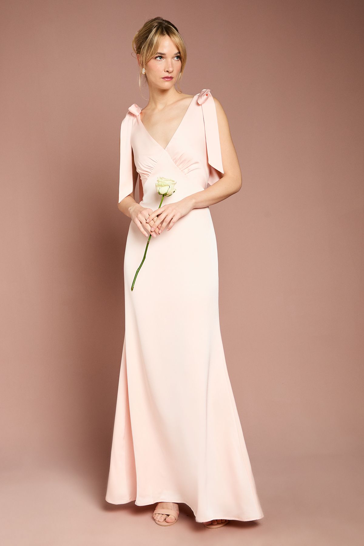 Coast Coast Honoured Satin Back Crepe V Neck Tie Shoulder Maxi Bridesmaid Dress Blush