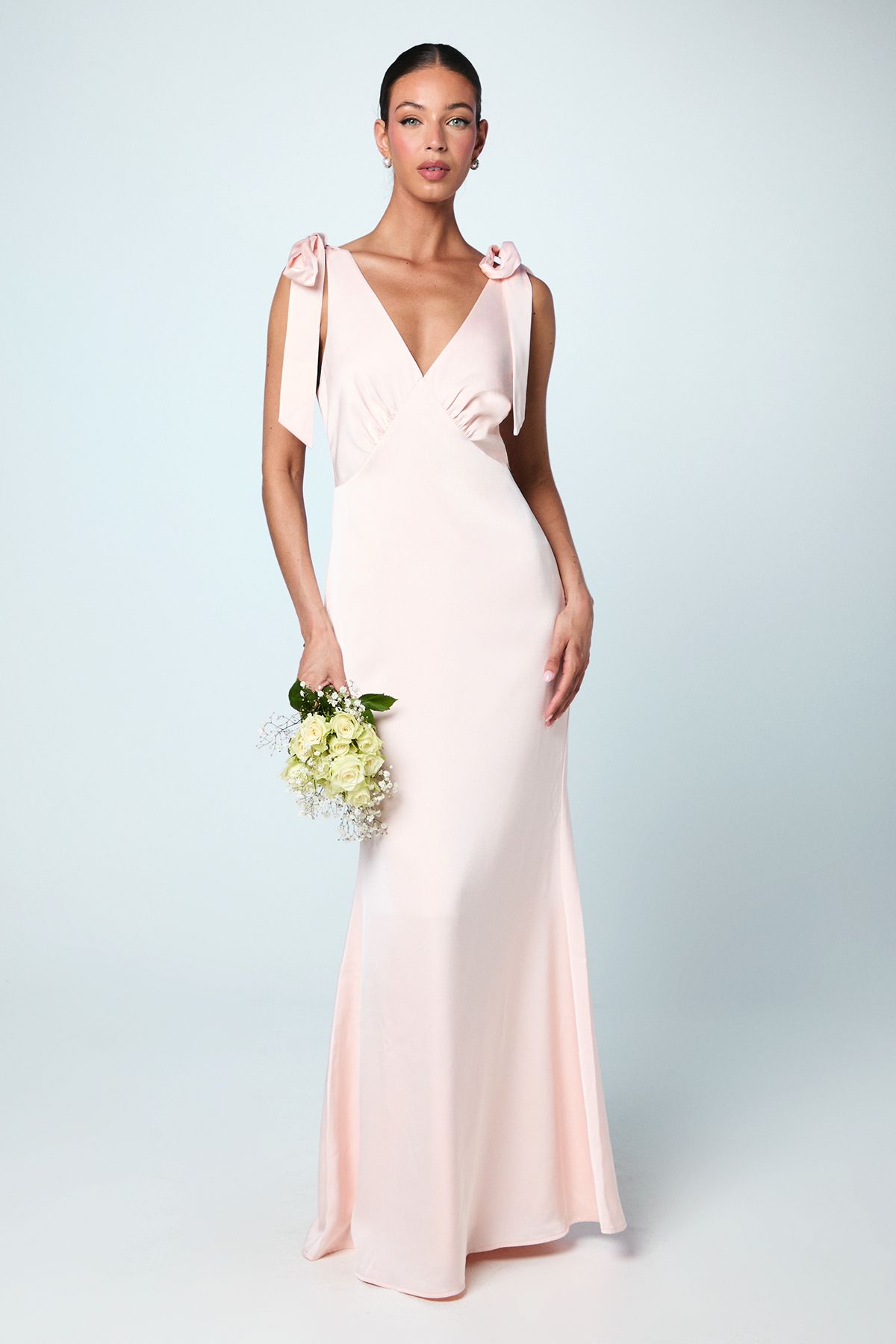 Coast Coast Honoured Satin Back Crepe V Neck Tie Shoulder Maxi Bridesmaid Dress Blush image 1