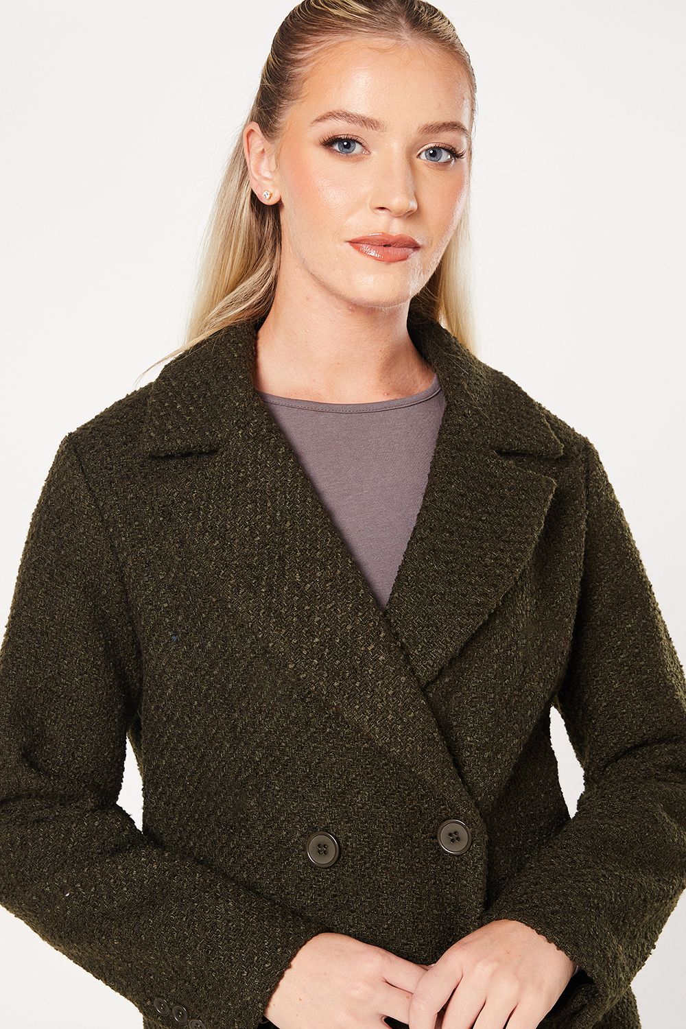 Dorothy Perkins Smart Boucle Double Breasted Coat Khaki image 3