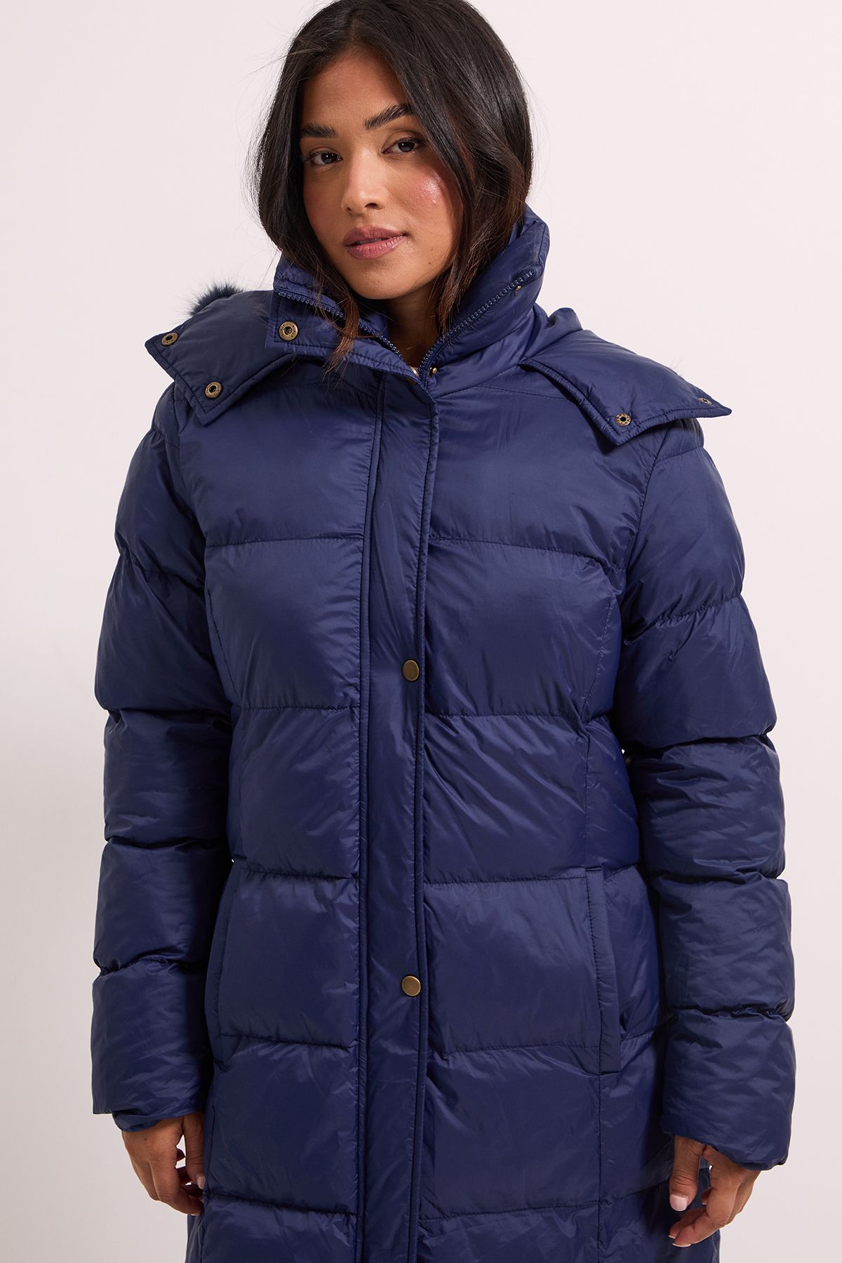 Dorothy Perkins Petite Fur Trim Padded Puffer Coat Navy image 2