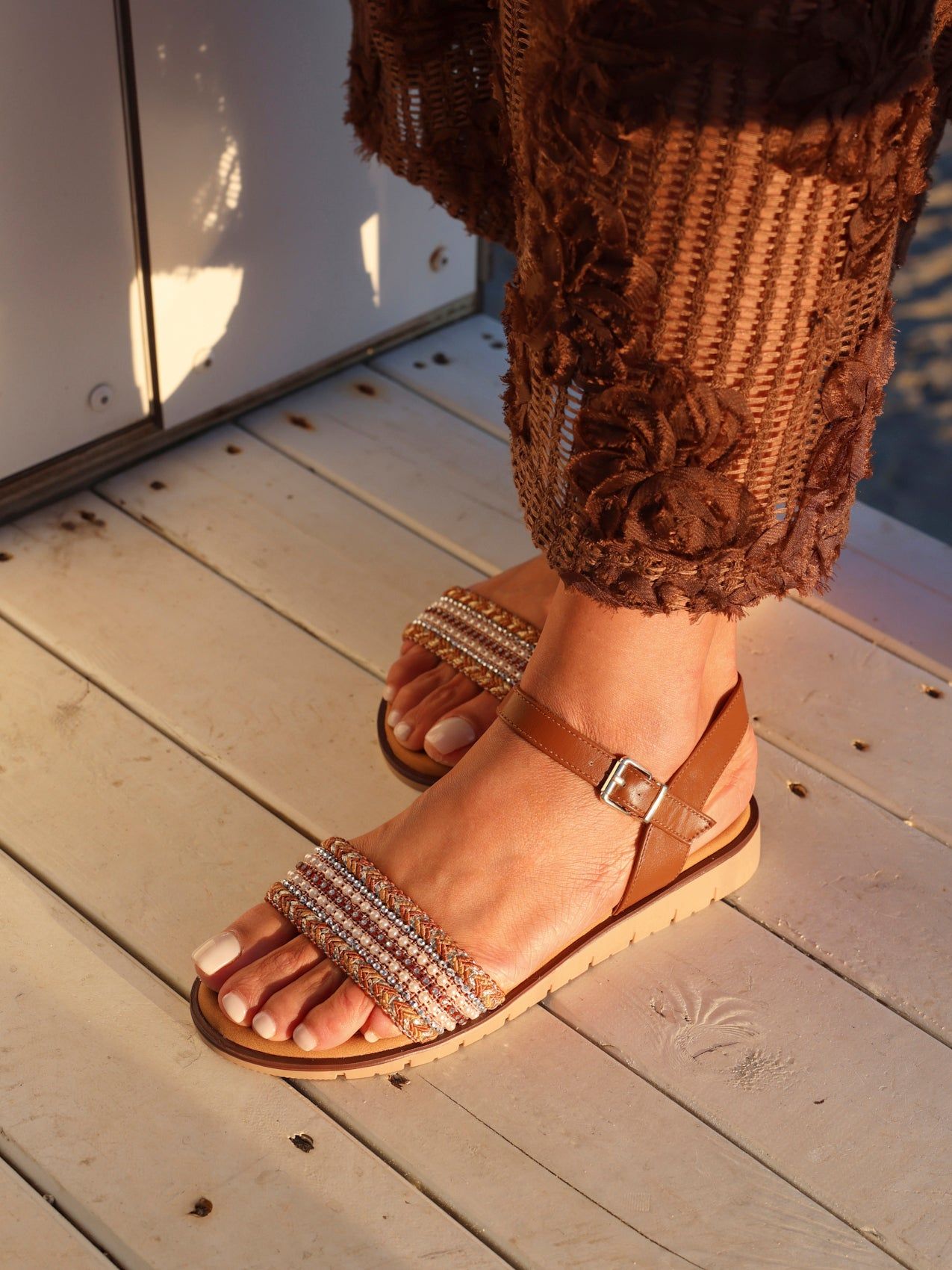 Linzi Halo Tan Weaved Embellished Flat Sandals image 2