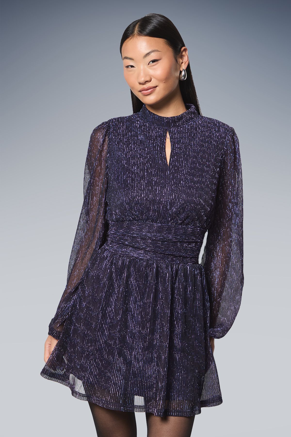 Dorothy Perkins Petite DP Luxe Sparkle Plisse Jersey High Neck Mini Dress Purple image 2