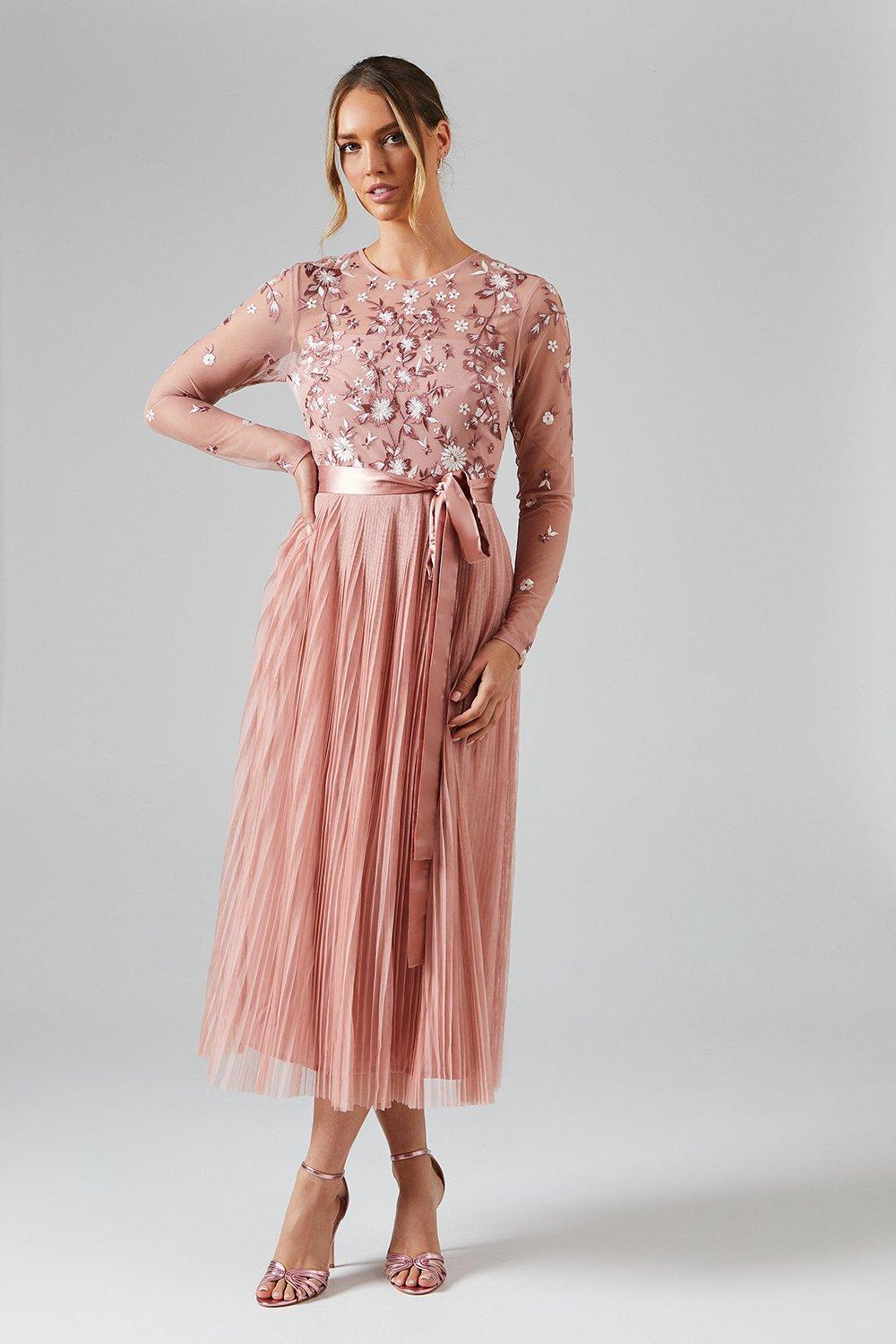 Coast Antique Rose Embroidered Floral Pleated Midi Bridesmaid