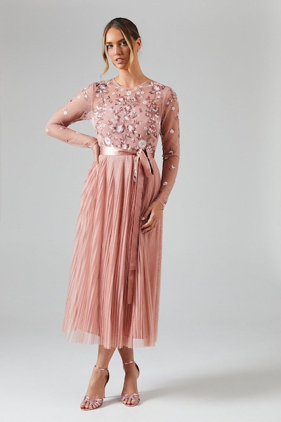Coast Embroidered Floral Pleated Midi Bridesmaid Dress Antique Rose