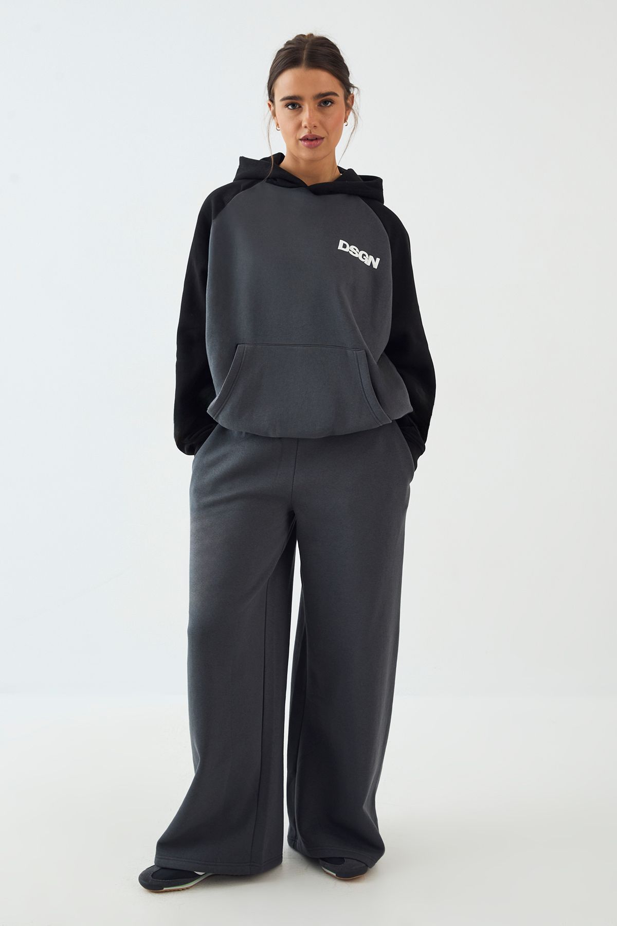 DSGN Studio DSGN Studio Colour Block Oversized Hooded Tracksuit Charcoal image 1