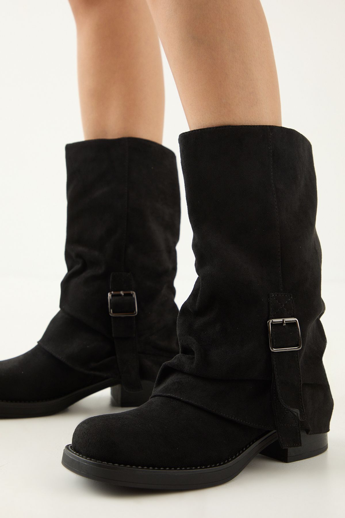 MissPap Faux Suede Sleeve Detail Chunky Calf Boots Natural Black image 4