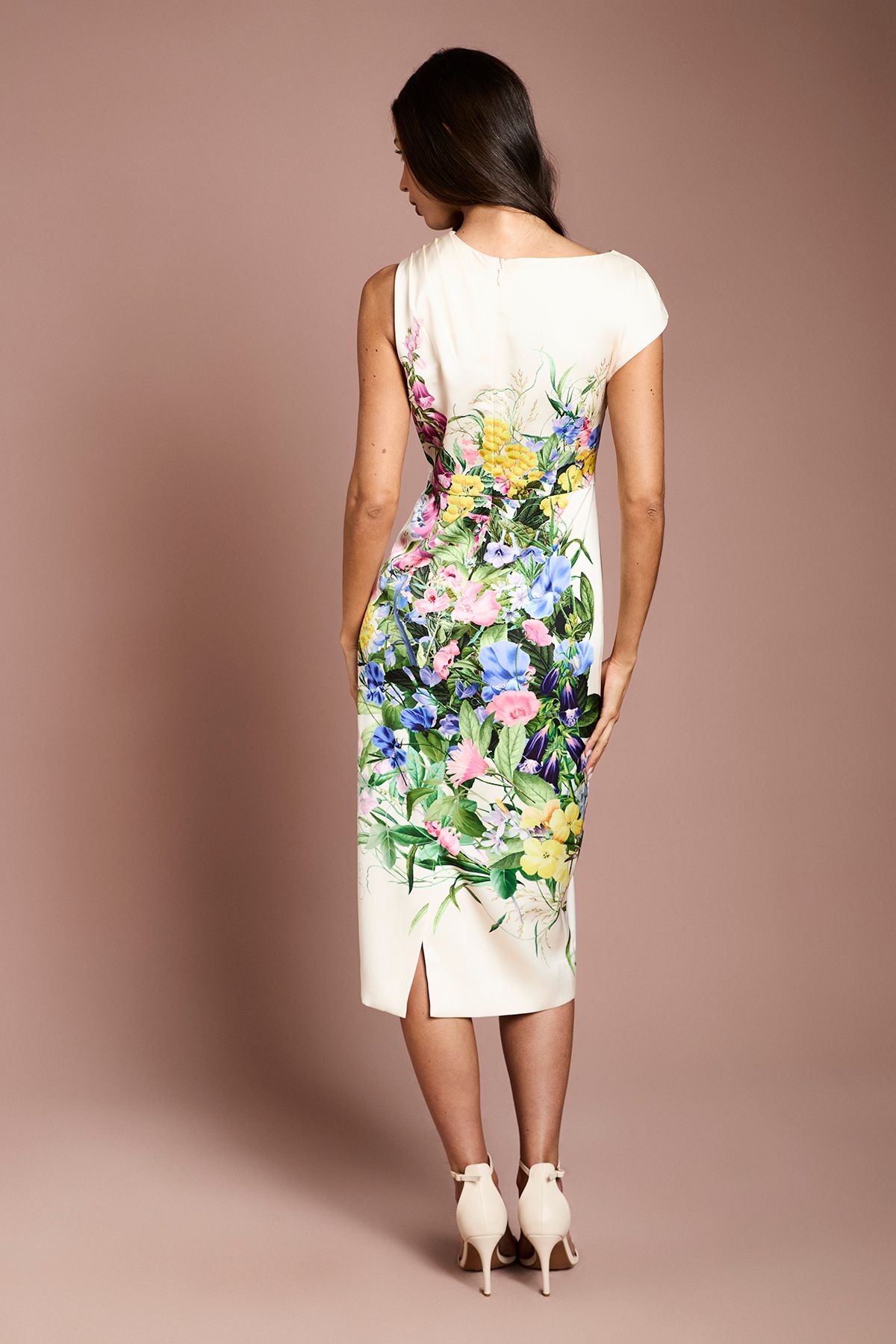 Coast Floral Printed Satin Pencil Dress Ivory image 3