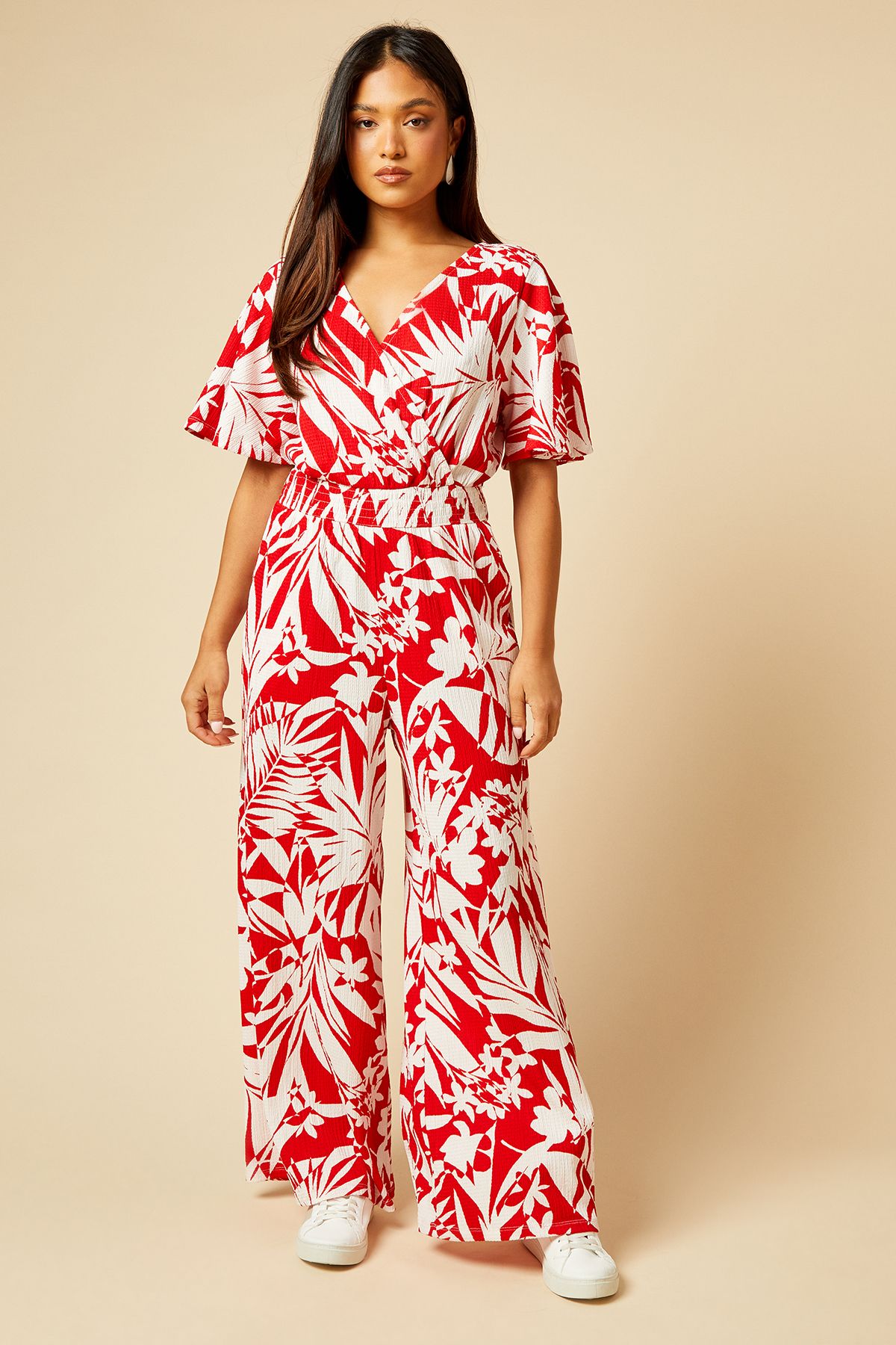 Dorothy Perkins Petite Palm Print Wrap Front Angel Sleeve Jersey Jumpsuit Red