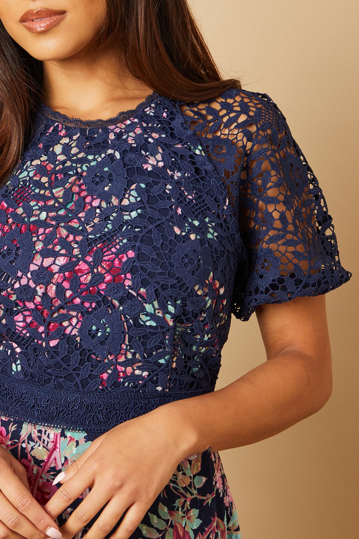 Oasis Petite Occasion Floral Lace Bodice Midi Dress Navy image 5