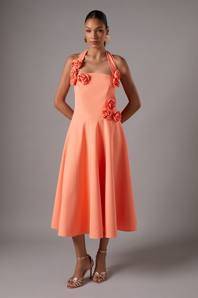 Coast Rosette Halter Midi Dress Peach