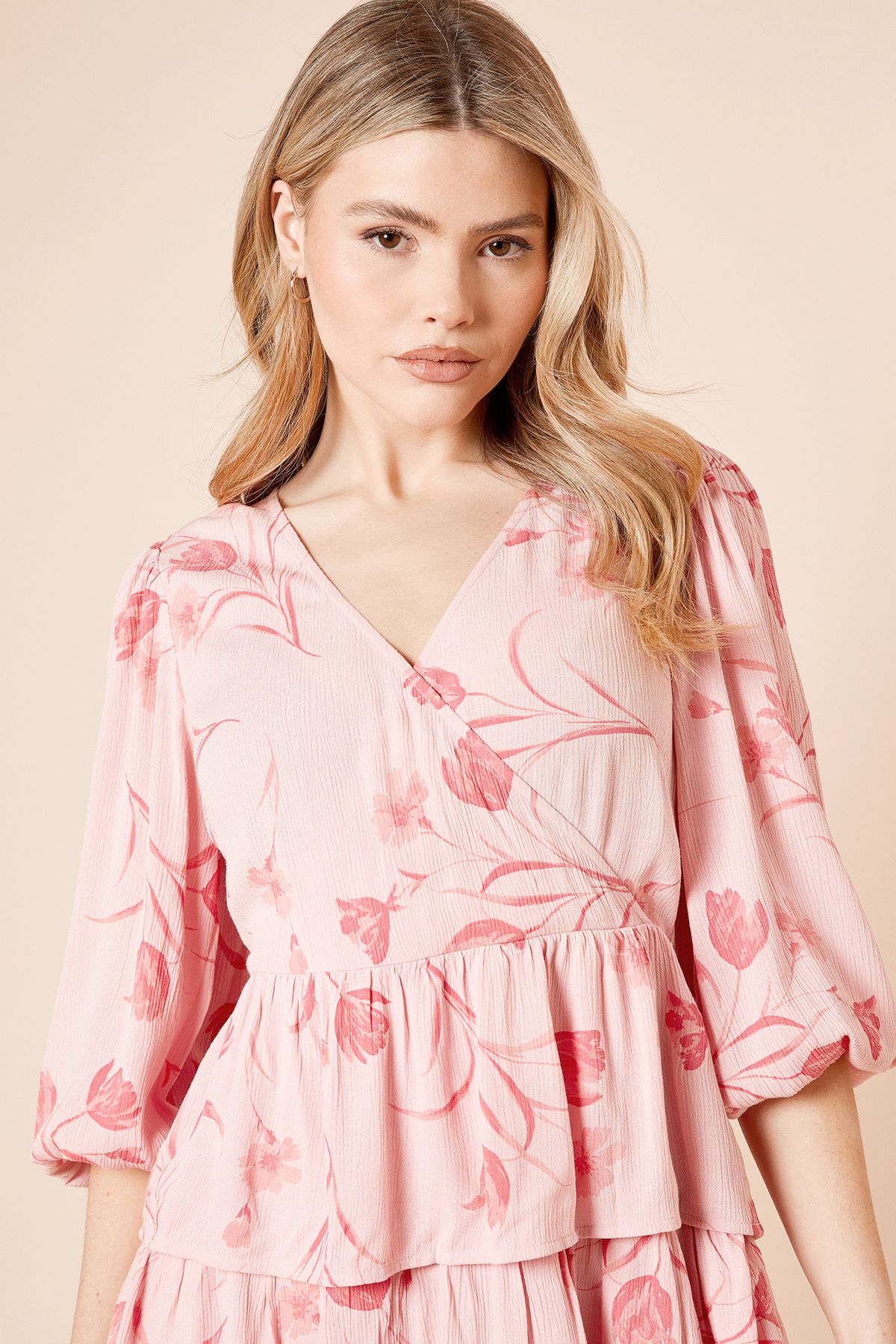 Dorothy Perkins Pink Wrap Front Tiered Blouson Sleeve Mini Dress Pink image 3