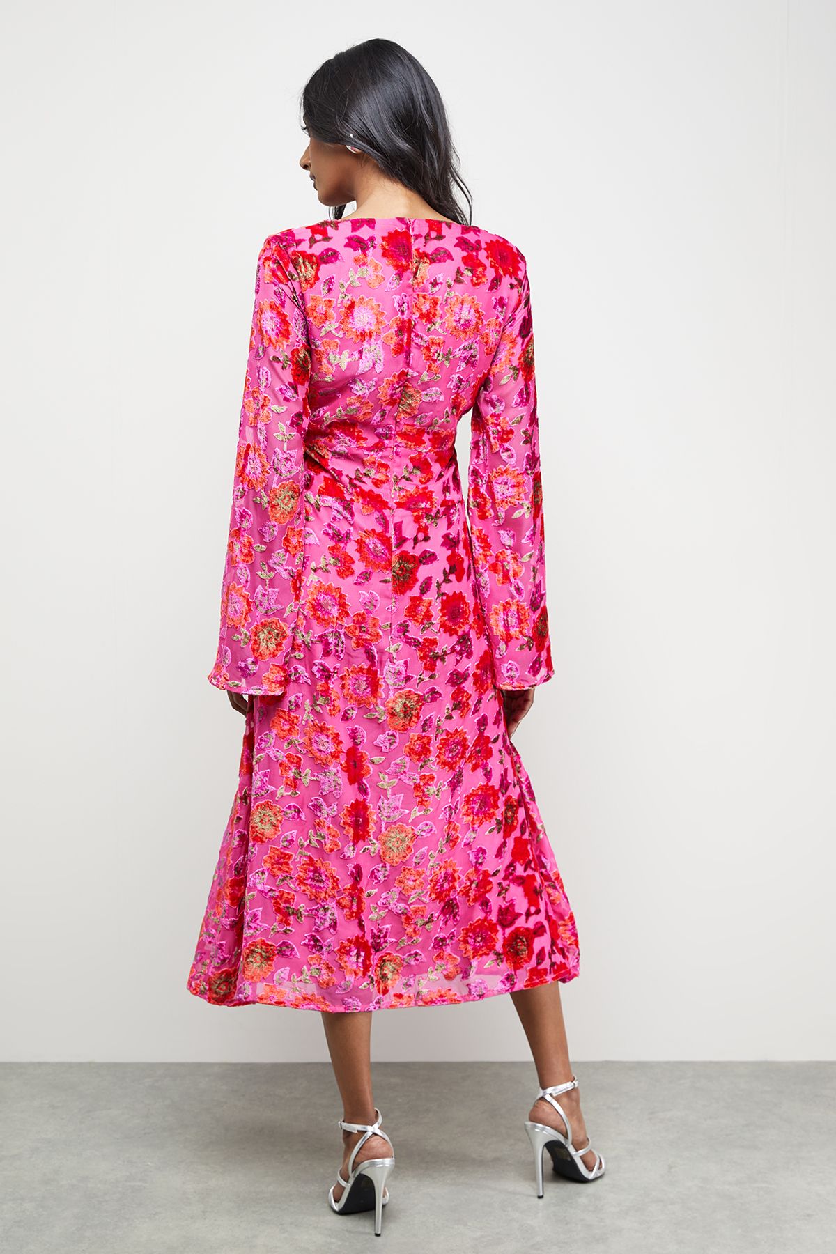 Warehouse Devore Plunge Neck Waisted Midi Dress Pink image 3