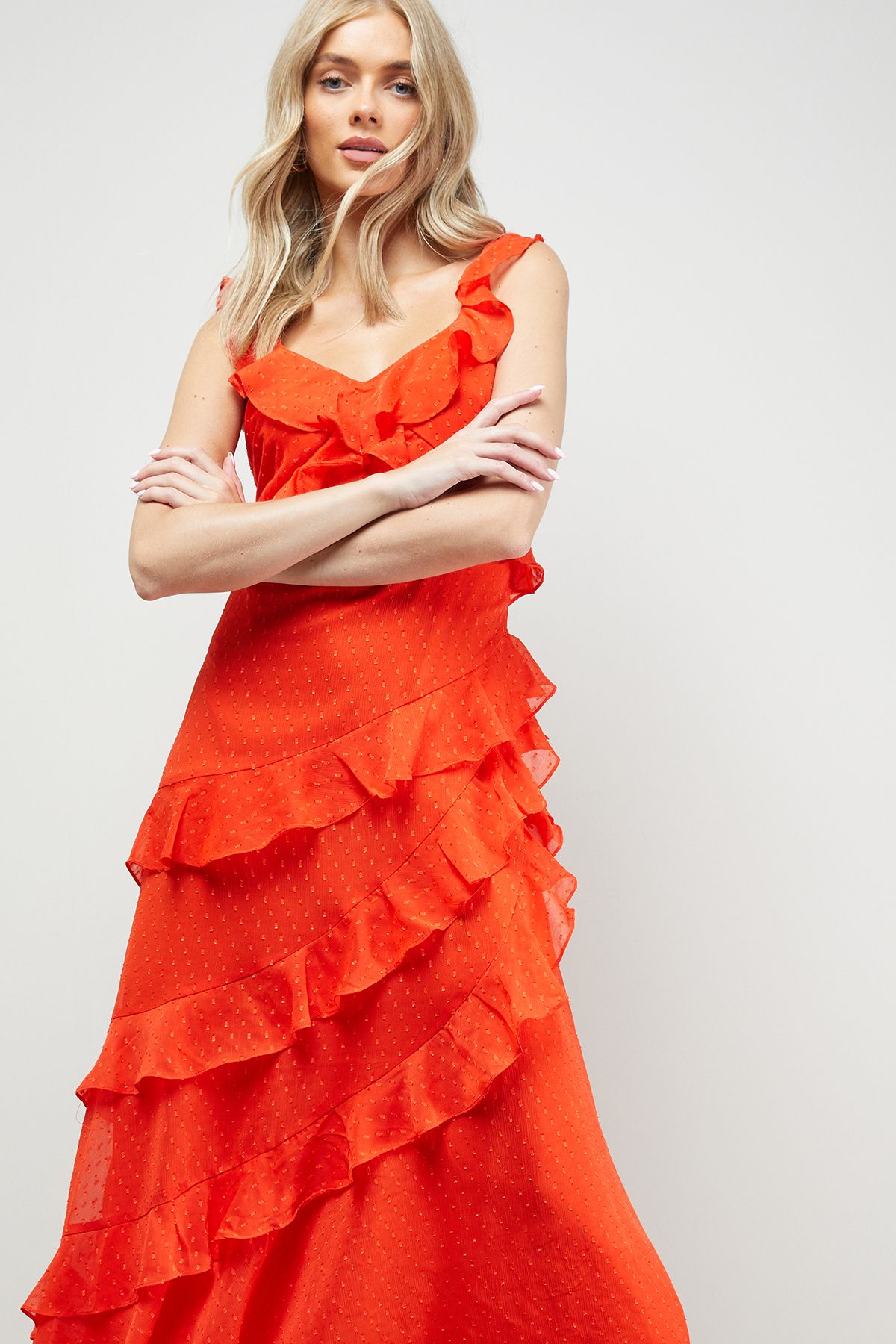 Oasis Dobby Ruffle V Neck Tiered Midi Dress Orange image 4