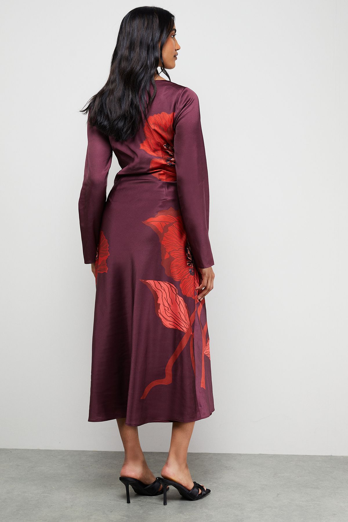 Warehouse Floral Placement Print Satin Midi Dress Dark Red image 3