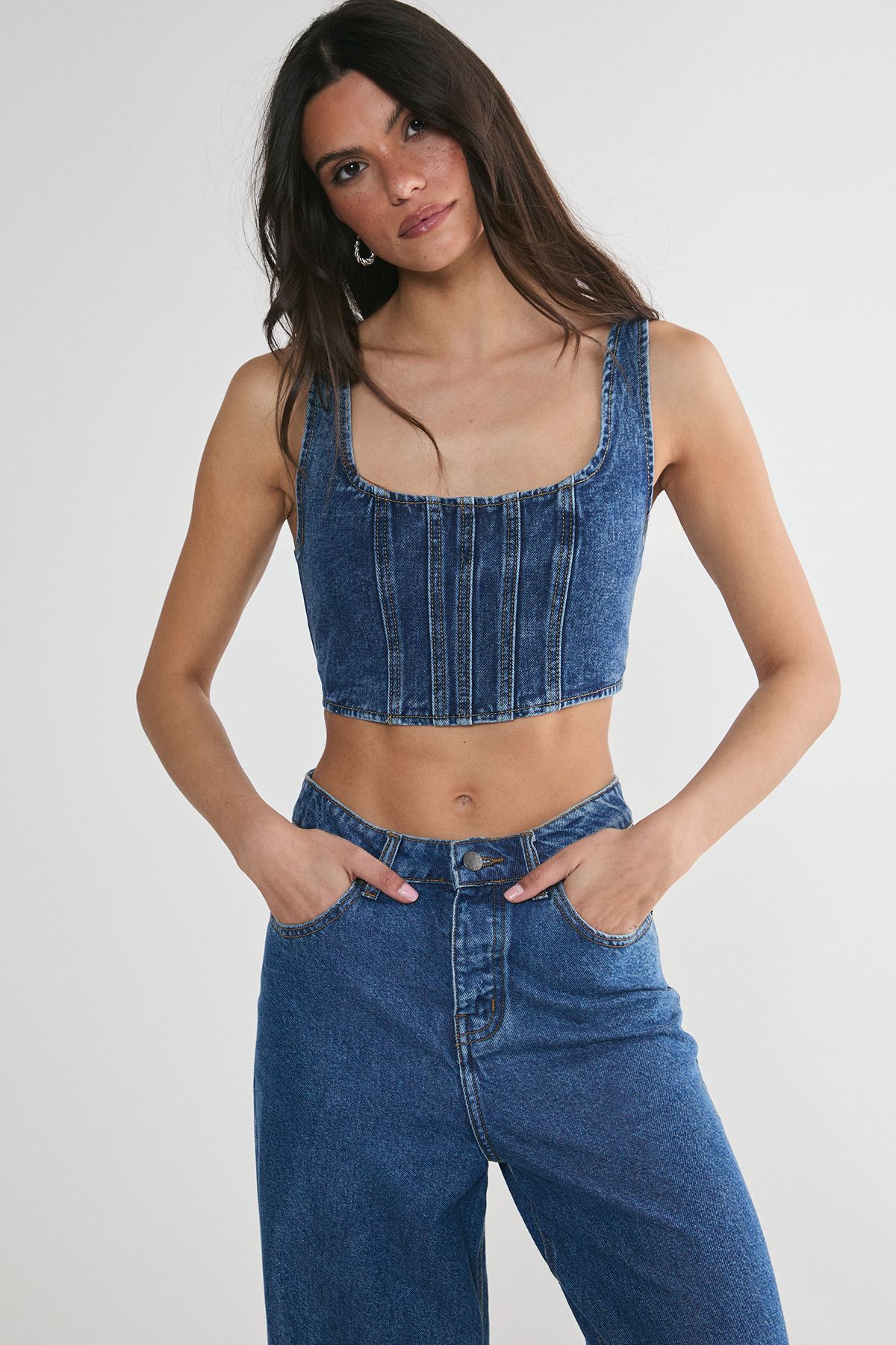 NastyGal Lace Back Detail Denim Corset Top Authentic Midwash image 1
