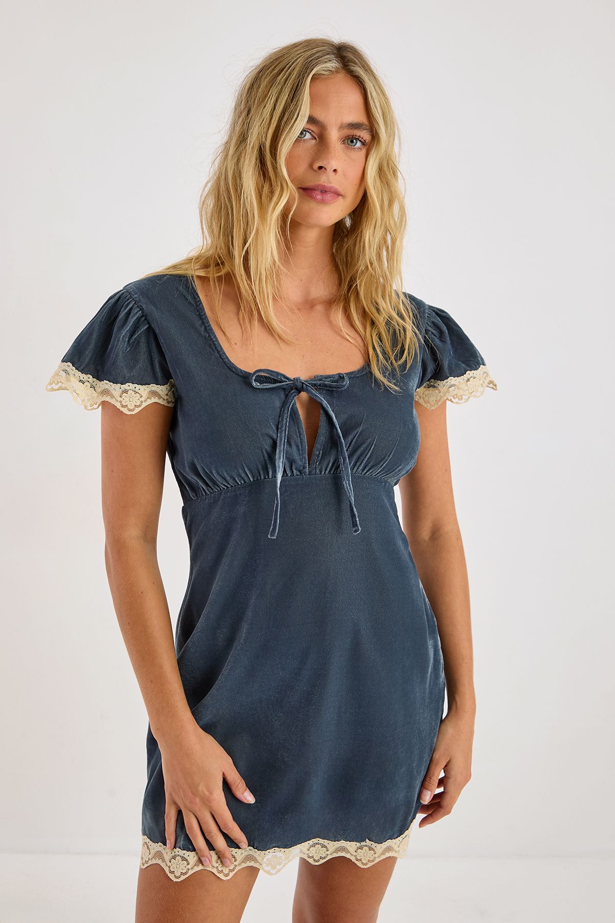 NastyGal Velvet Lace Trim Tie Front Mini Dress Steel image 1