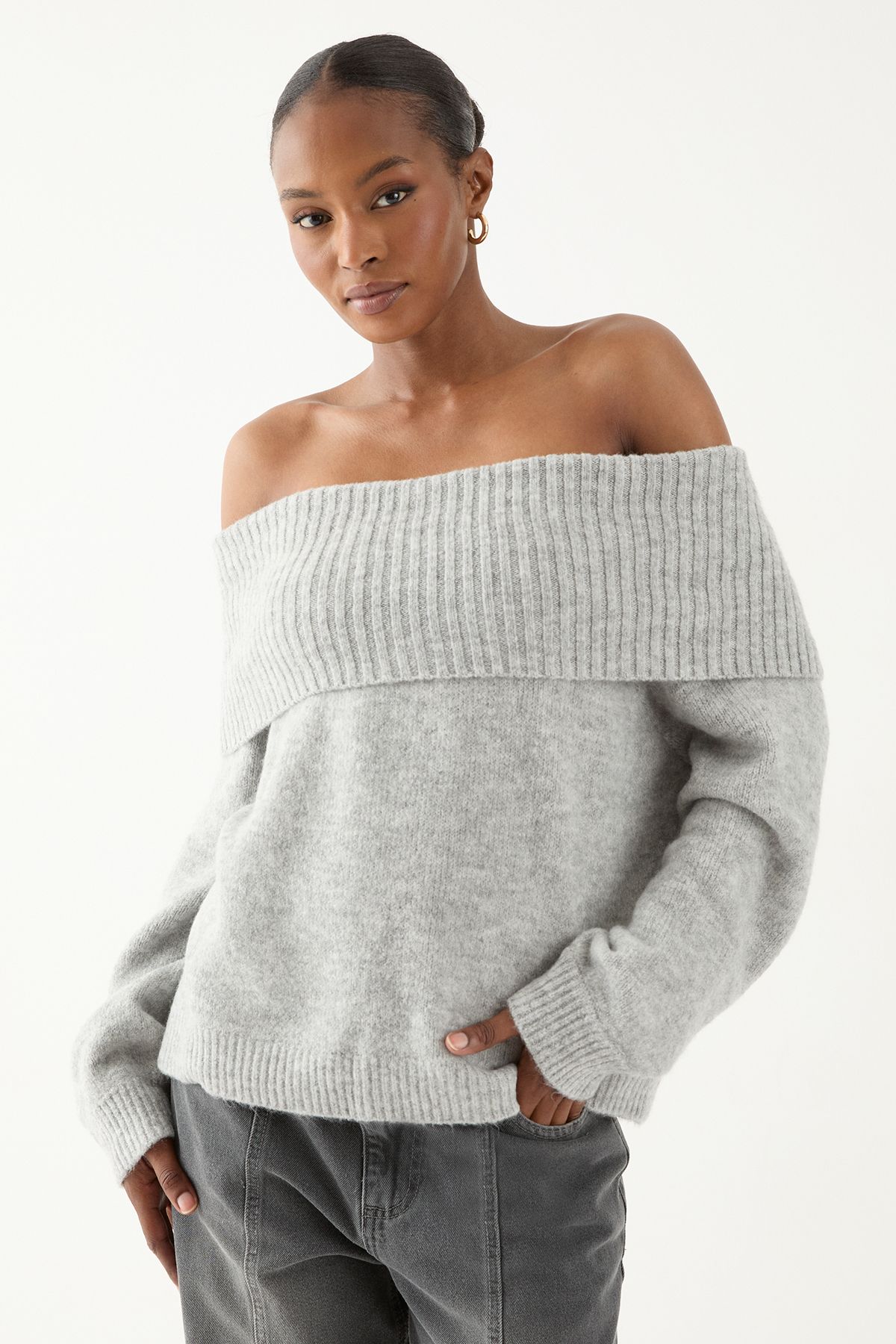 MissPap Premium Knit Bardot Foldover Jumper Grey image 2