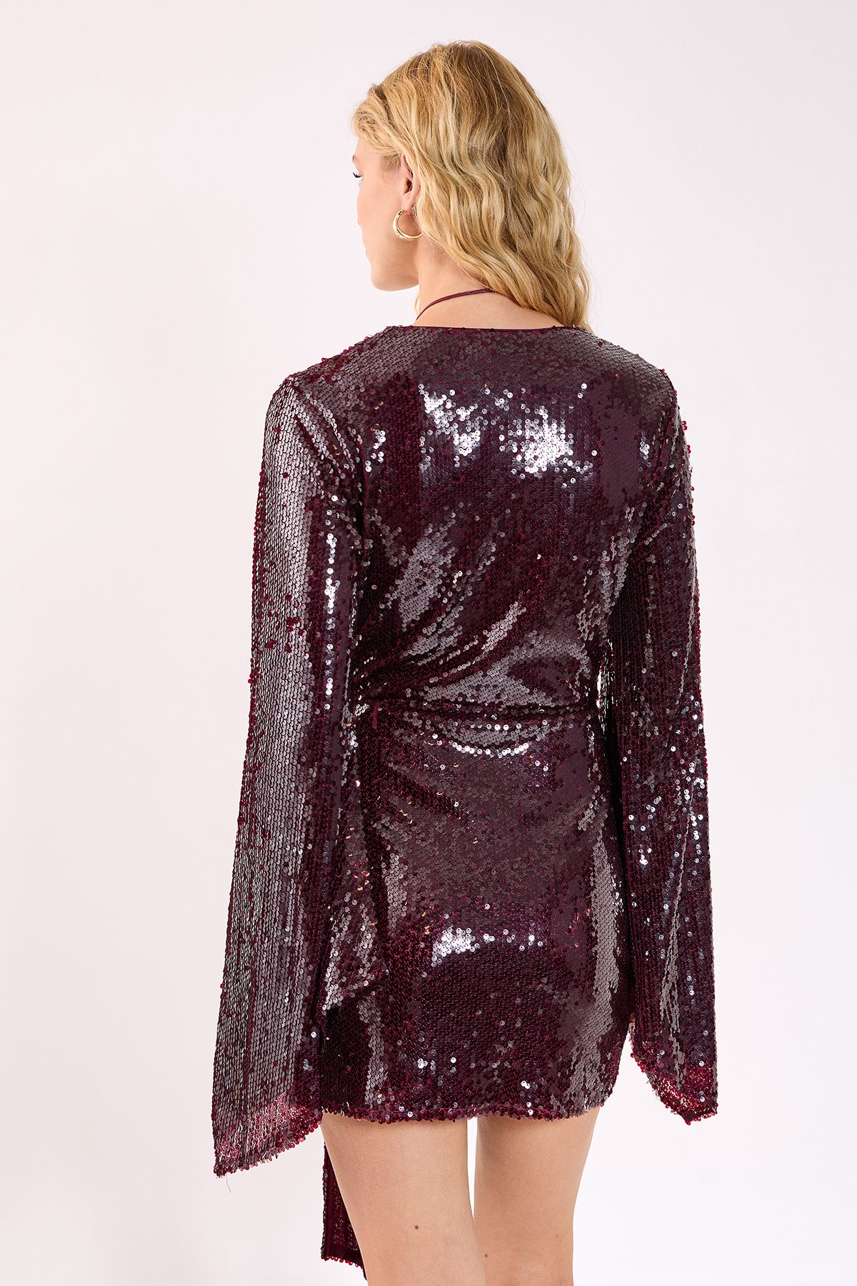 NastyGal Sequin Flared Sleeve Tie Front Mini Dress Burgundy image 4