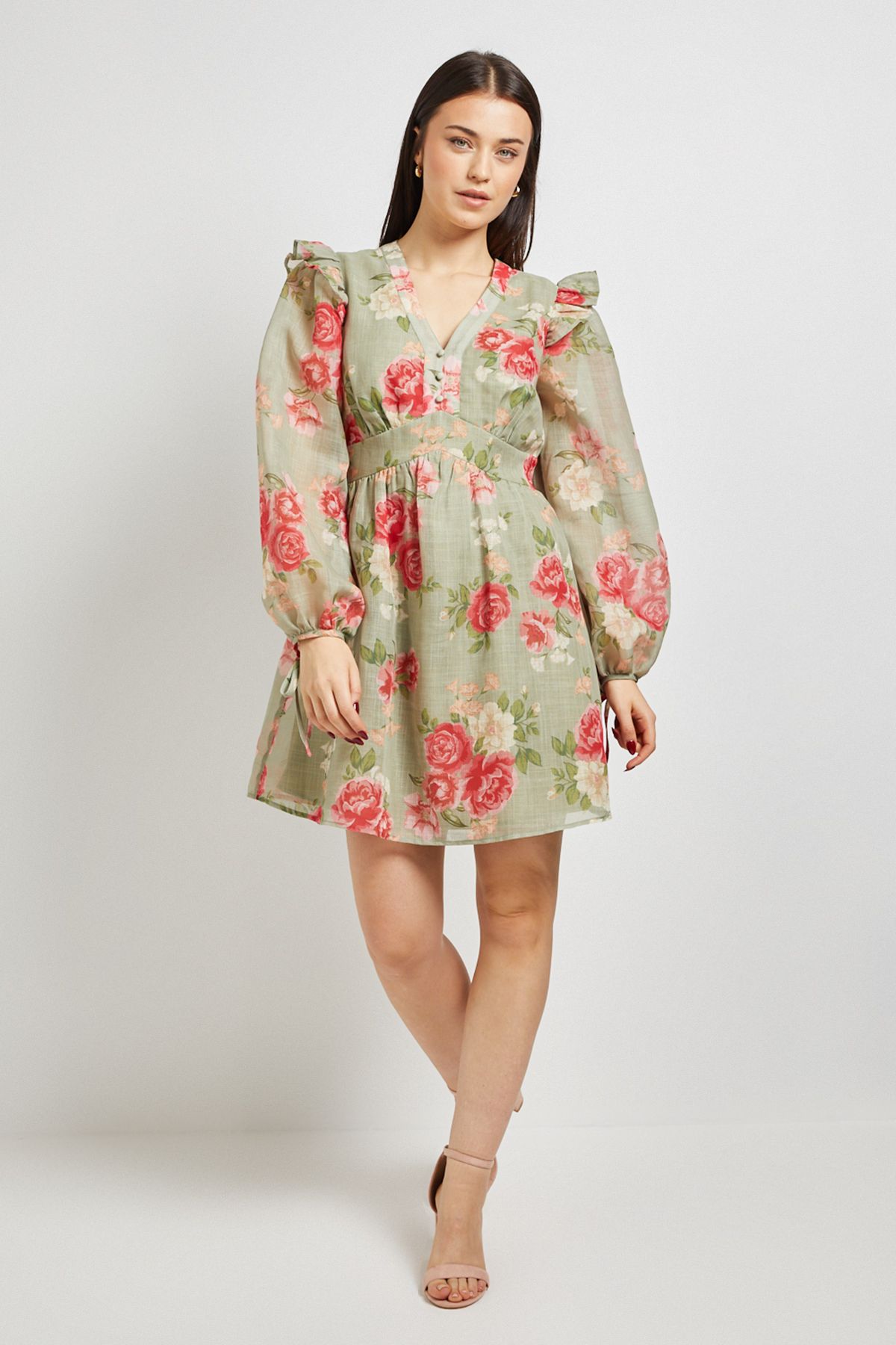 Dorothy Perkins Green Floral Printed Frill Detail Blouson Sleeve Mini Dress Green