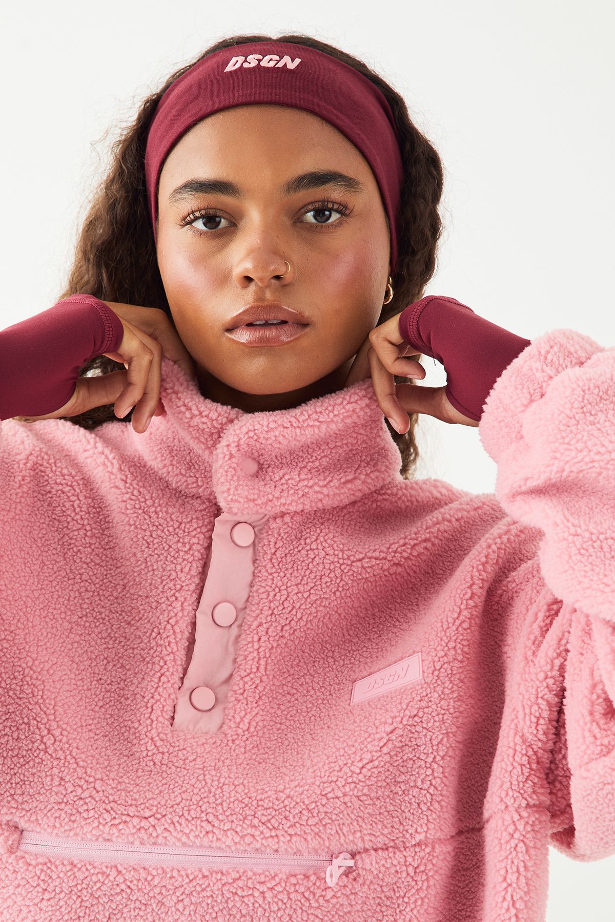 DSGN Studio DSGN Studio Sport Borg Popper Funnel Neck Sweatshirt Pink image 4