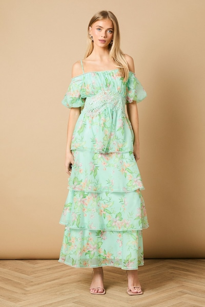 Oasis Lace Trim Tiered Off Shoulder Midi Dress Sage