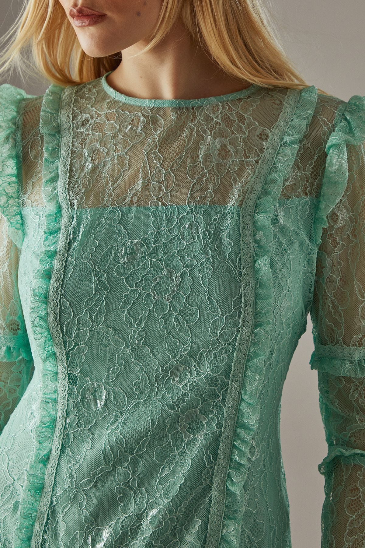 Warehouse Lace Ruffle Insert Mini Dress Sage image 5