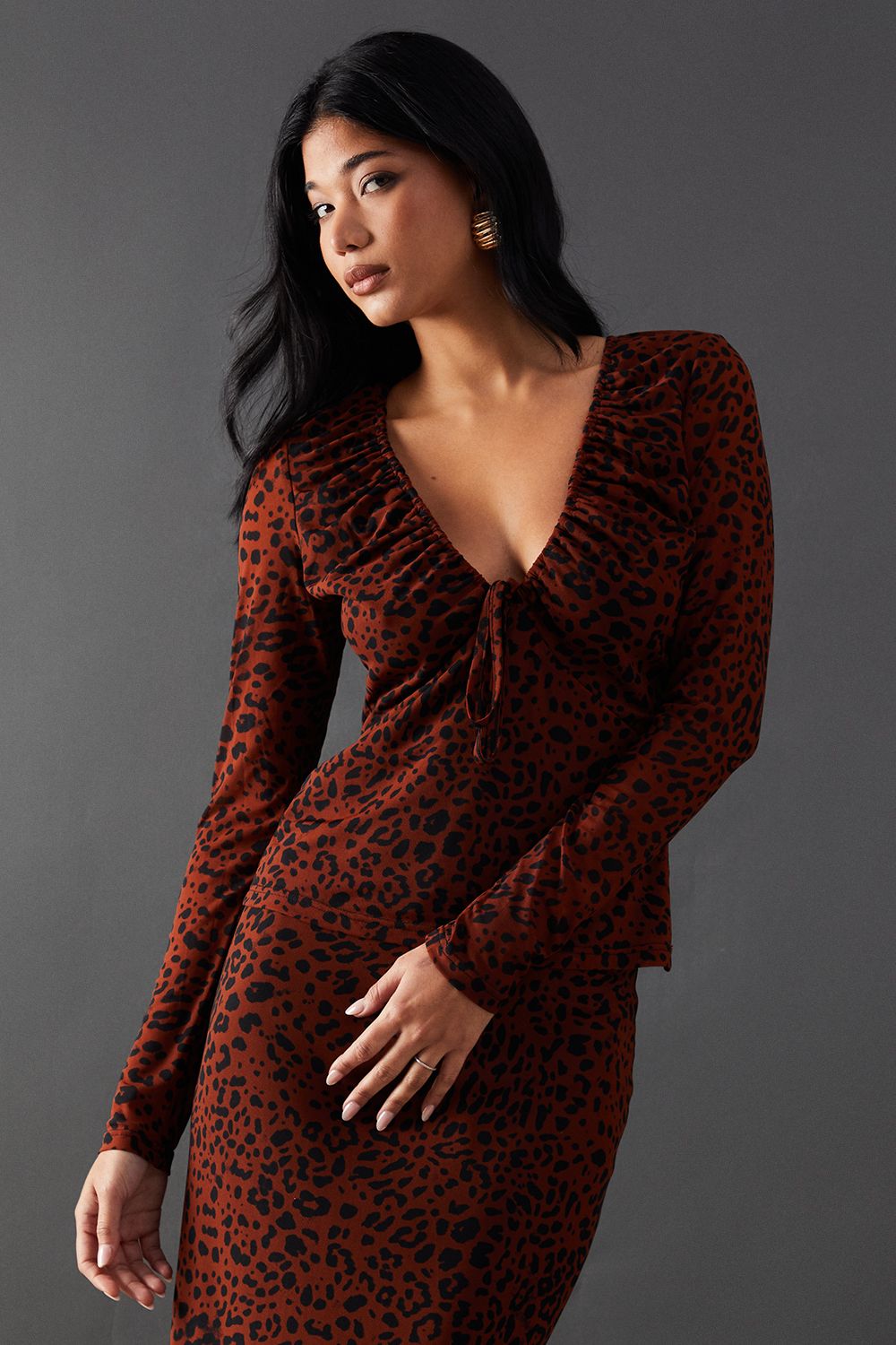 Warehouse Mesh Gathered Drawstring Fitted Top Animal image 1