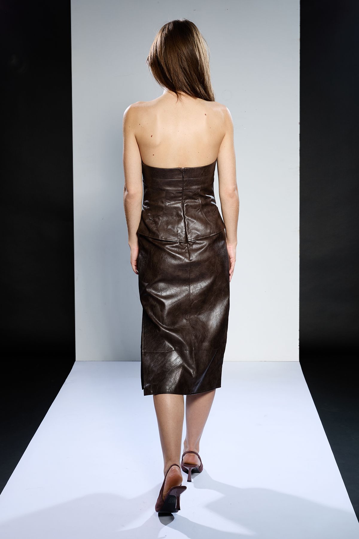 RUNWAY 1.8.1.8 Runway 1.8.1.8 Leather Look Corset Detail Dress Chocolate image 3